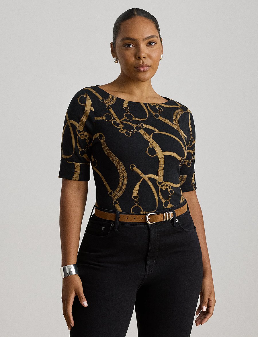 Lauren Ralph Lauren - Belting-Print Cotton Boatneck Tee - t-shirts - black/tan - 0