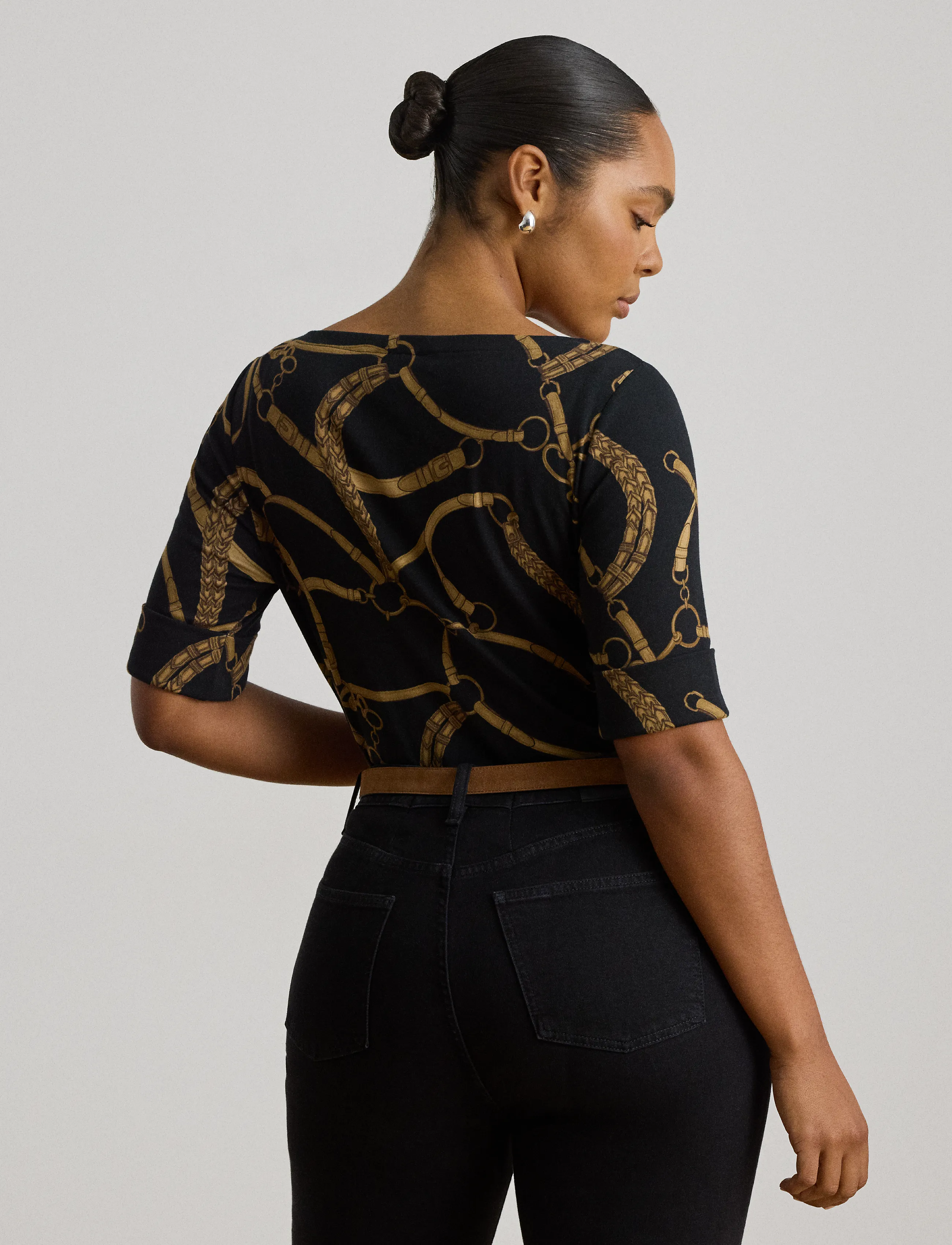 Lauren Ralph Lauren - Belting-Print Cotton Boatneck Tee - t-shirts - black/tan - 3