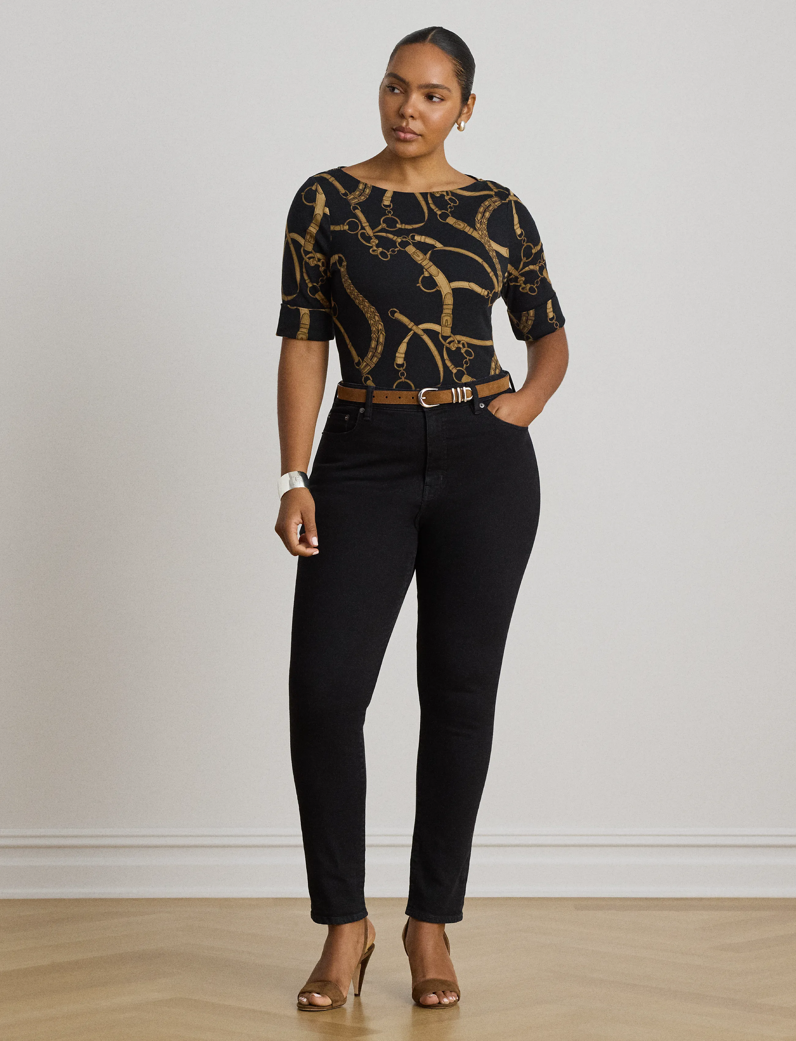 Lauren Ralph Lauren - Belting-Print Cotton Boatneck Tee - t-shirts - black/tan - 4