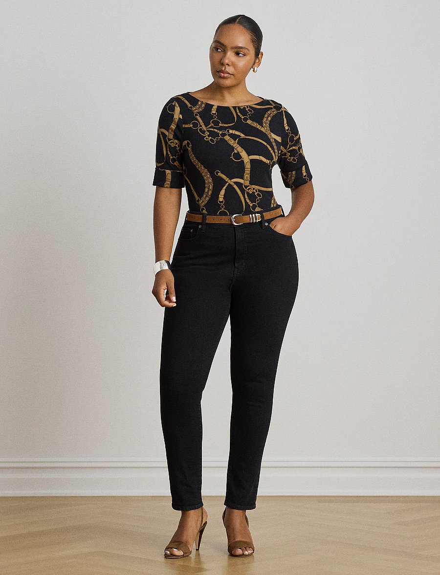 Lauren Ralph Lauren - Belting-Print Cotton Boatneck Tee - t-shirts - black/tan - 4