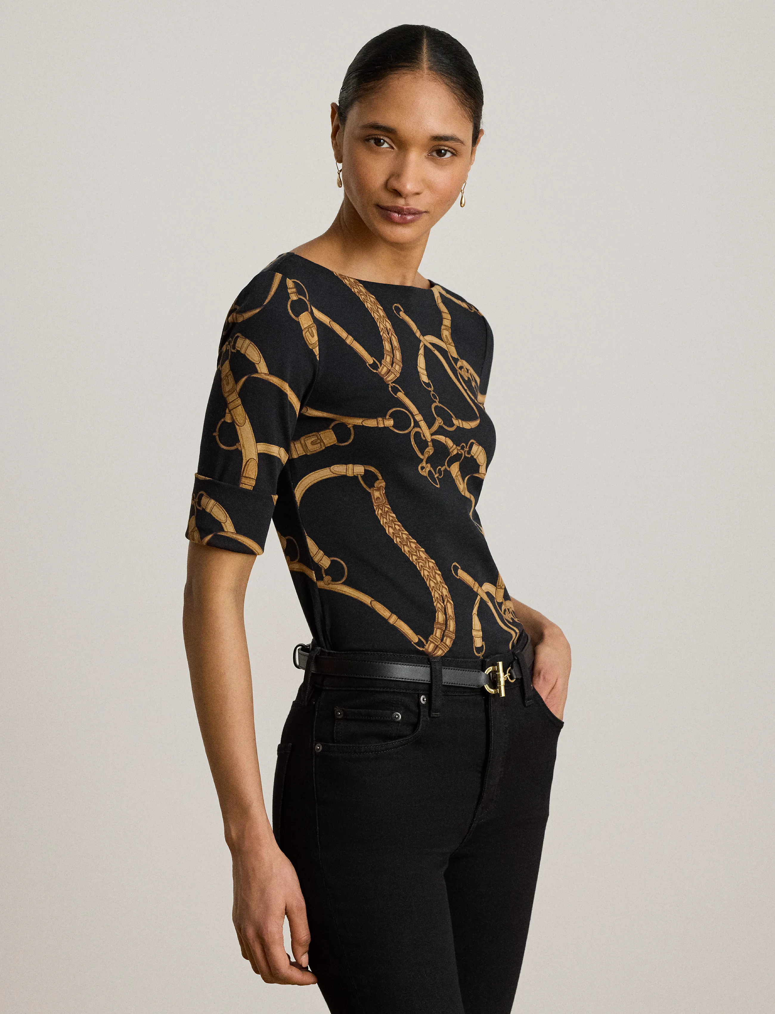 Lauren Ralph Lauren - Belting-Print Cotton Boatneck Tee - t-shirts - black/tan - 5
