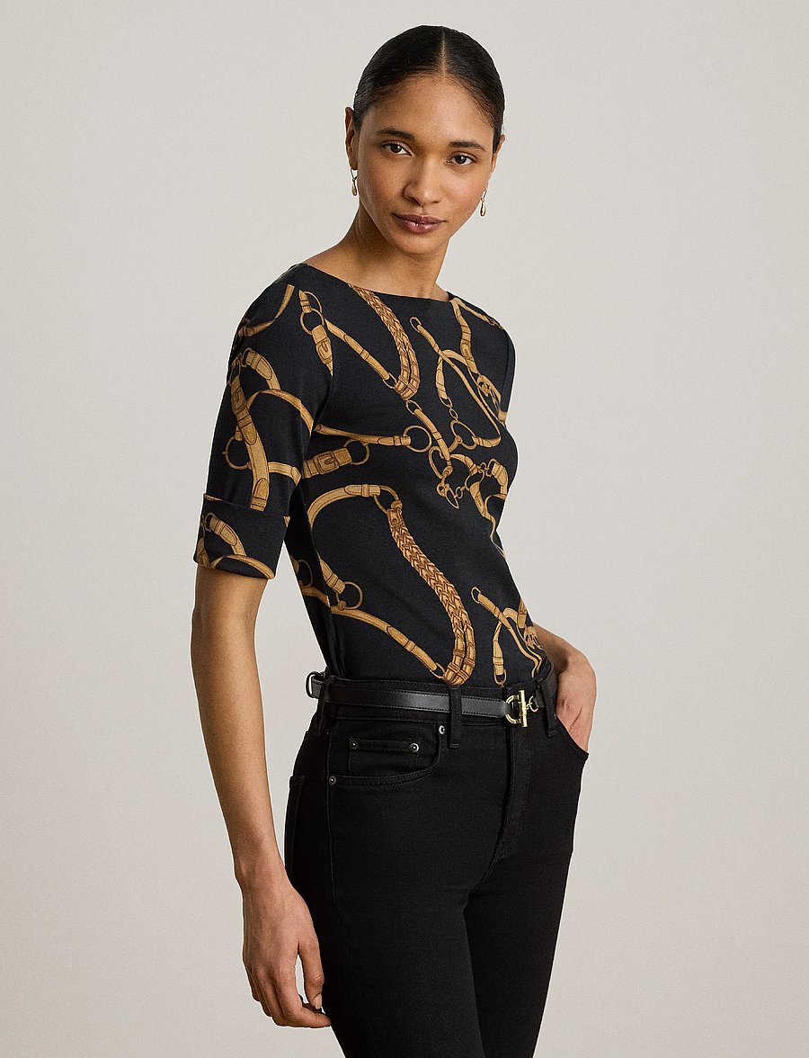 Lauren Ralph Lauren - Belting-Print Cotton Boatneck Tee - t-shirts - black/tan - 5