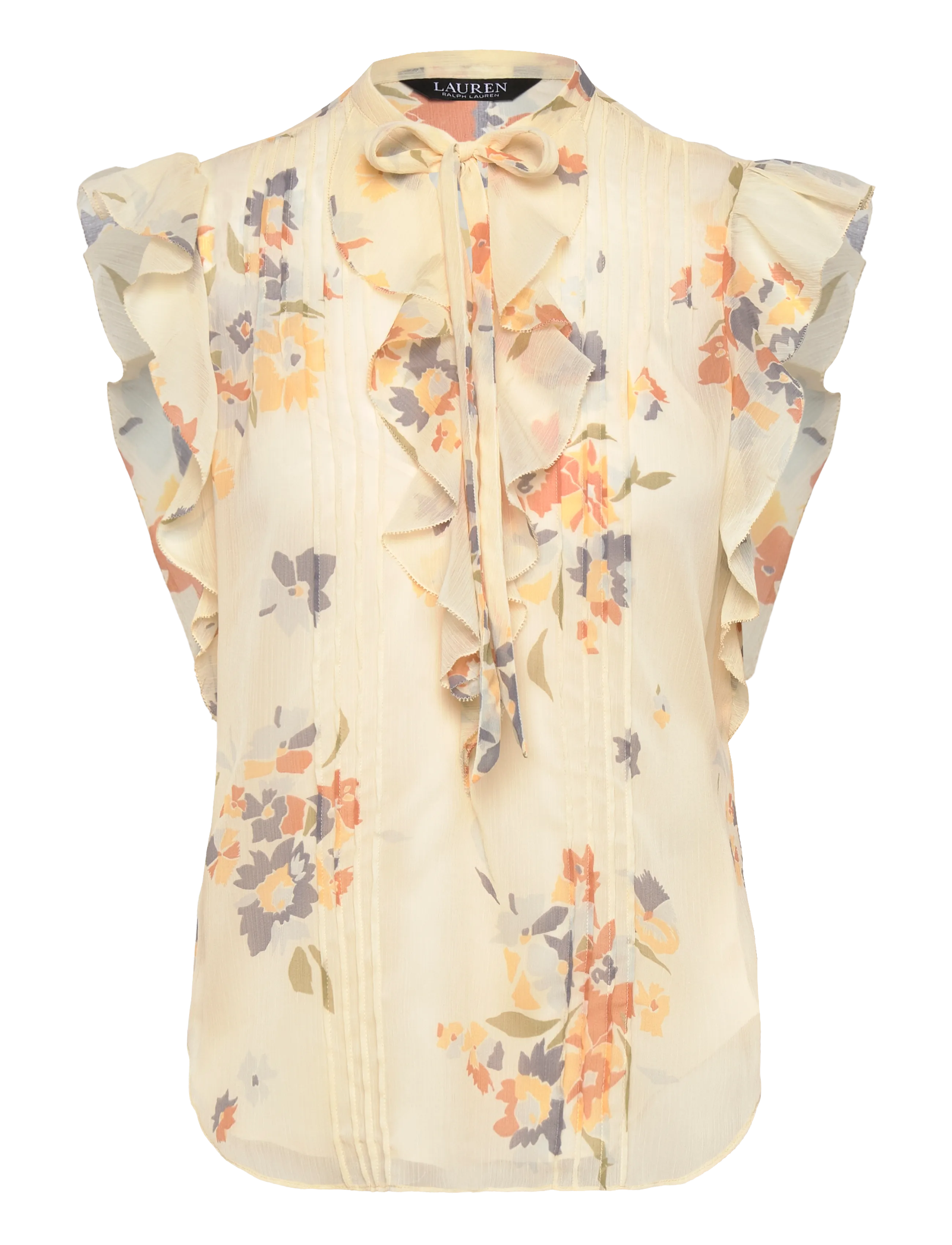Lauren Ralph Lauren Floral Pintucked Tie-Neck Blouse, XL, Cream, Bluser > Uden Ærmer, Dame