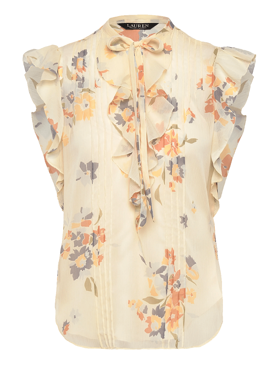 Lauren Ralph Lauren - Floral Pintucked Tie-Neck Blouse - blouses sans manches - cream multi - 0