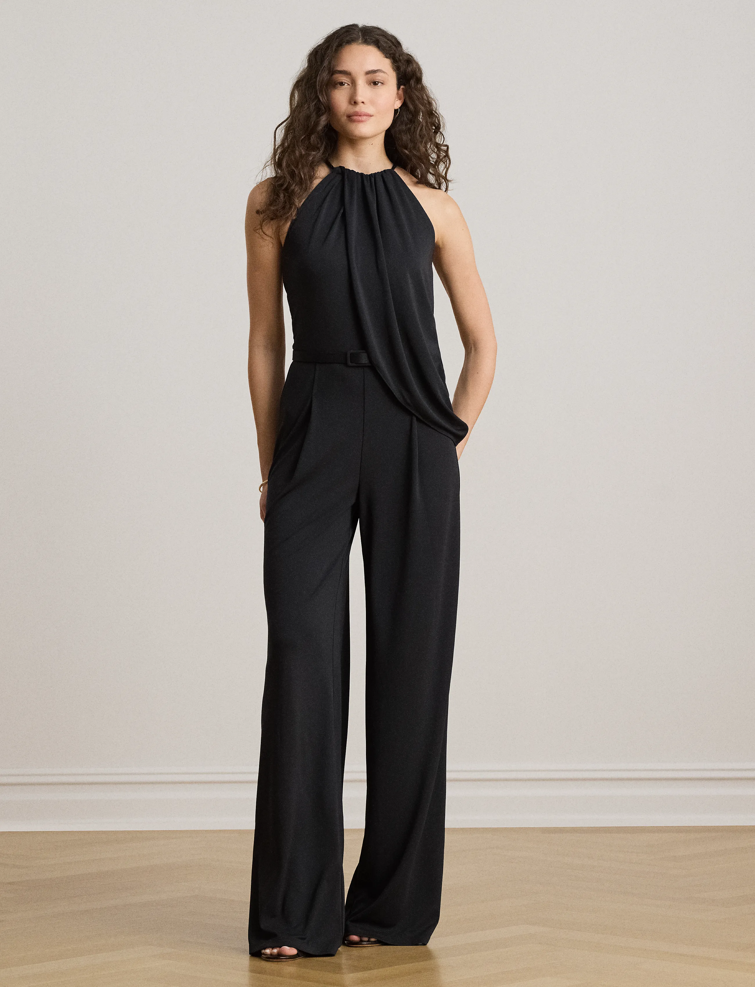 Lauren Ralph Belted Stretch Jersey Halter Jumpsuit, 38, Unterteile, Schwarz - Strampelanzüge, Frauen