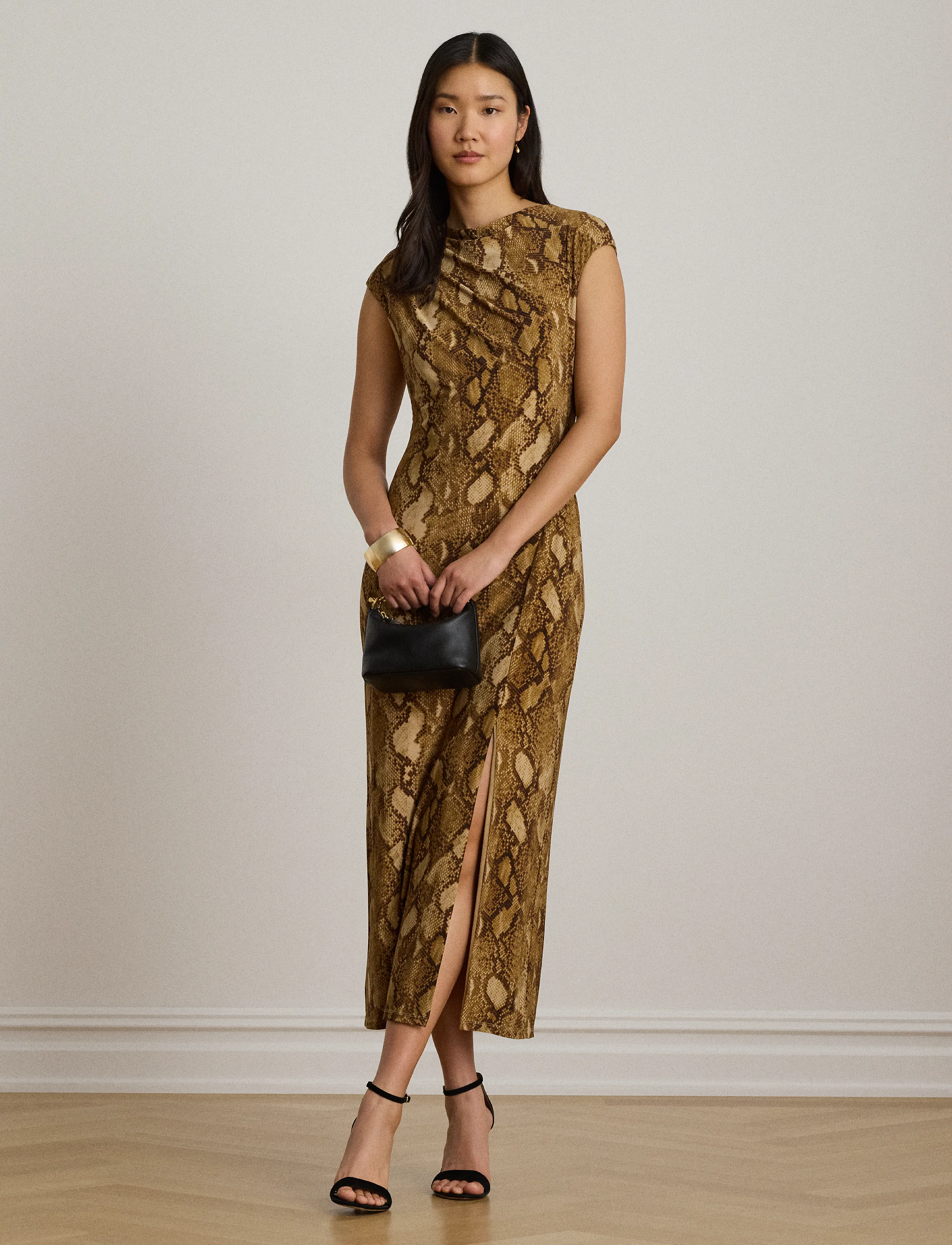 Lauren Ralph Python-Print Jersey Cap-Sleeve Dress, 34, Dresses, Beige - Knee-length & Midi, Frauen