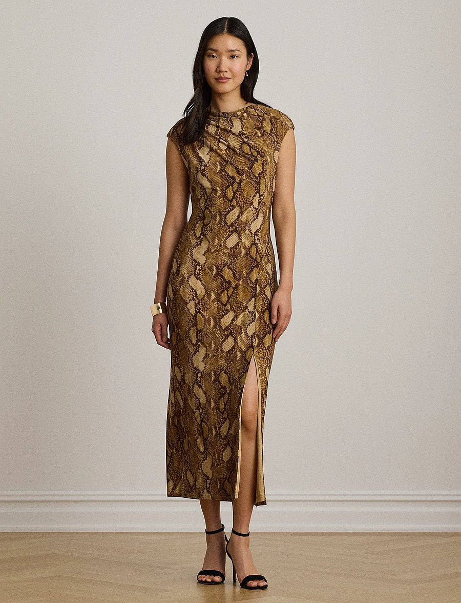 Lauren Ralph Lauren - Python-Print Jersey Cap-Sleeve Dress - stramme kjoler - tan multi - 4