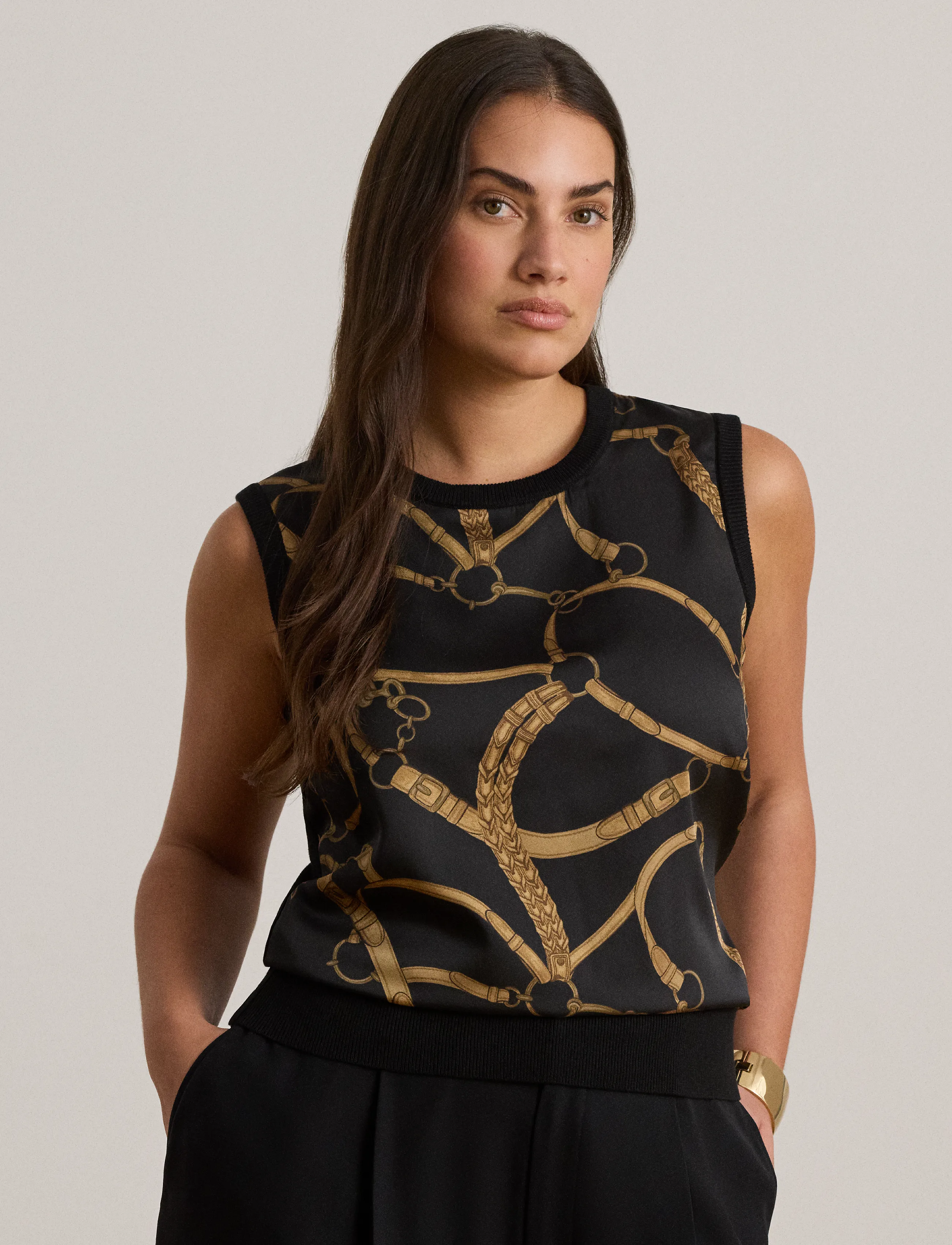 Lauren Ralph Lauren Belting-Print Sleeveless Sweater, L, Black, T-Shirts & Toppe > Uden Ærmer, Dame
