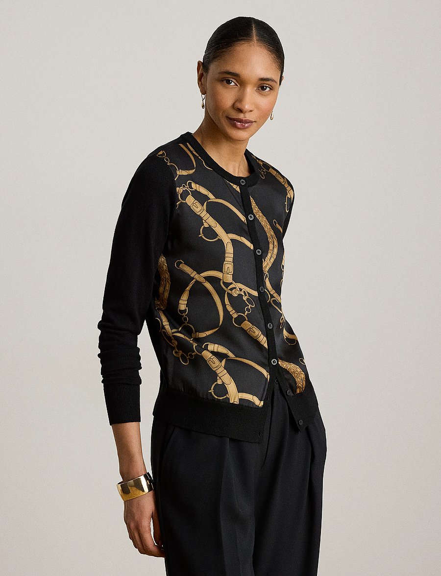Lauren Ralph Lauren - Belting-Print Cotton-Blend Cardigan - strickjacken - black multi - 0