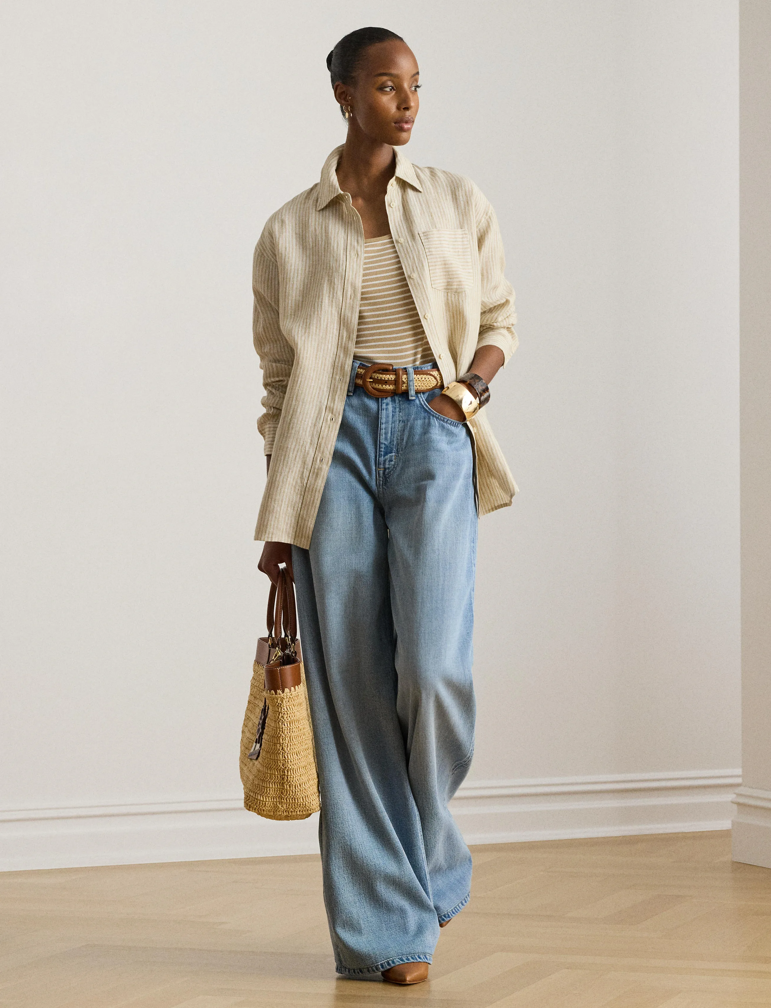 Lauren Ralph Lauren Y/D TISSUE LINEN-WVN-SHIRT - Koszule - TAN/WHITE / cream