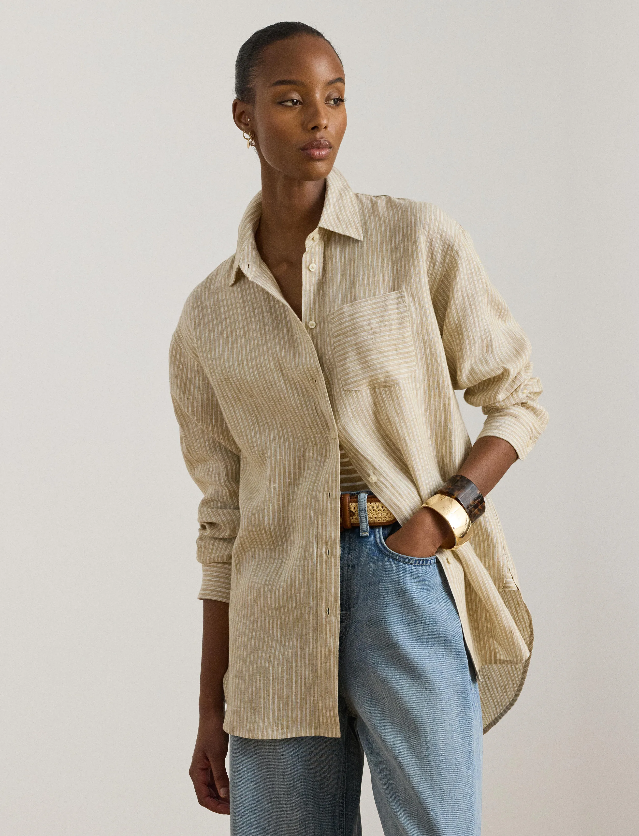 Lauren Ralph Lauren - Y/D TISSUE LINEN-WVN-SHIRT - chemises de lin - tan/white - 3