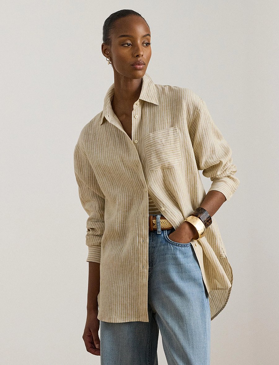Lauren Ralph Lauren - Y/D TISSUE LINEN-WVN-SHIRT - chemises de lin - tan/white - 3