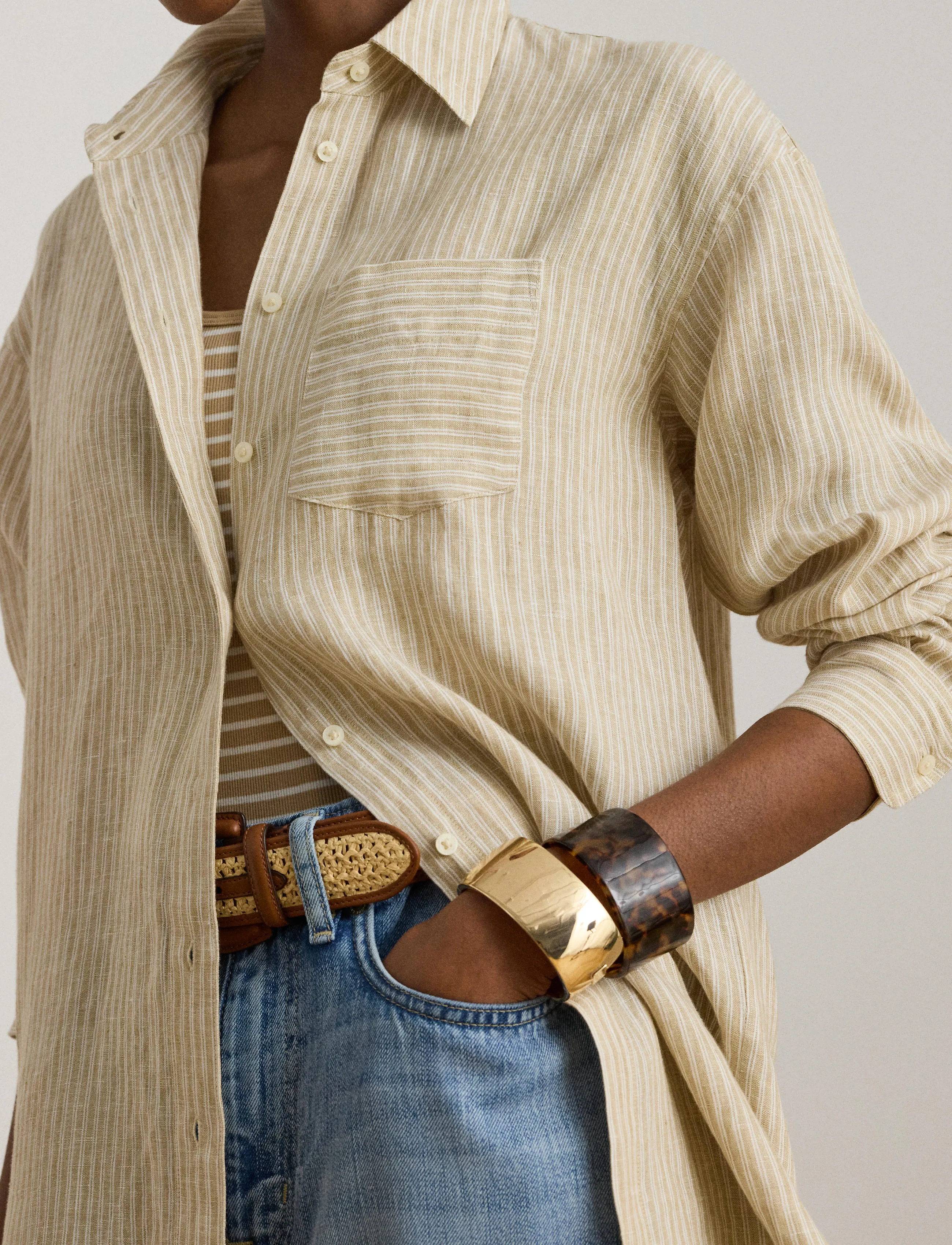 Lauren Ralph Lauren - Y/D TISSUE LINEN-WVN-SHIRT - chemises de lin - tan/white - 4