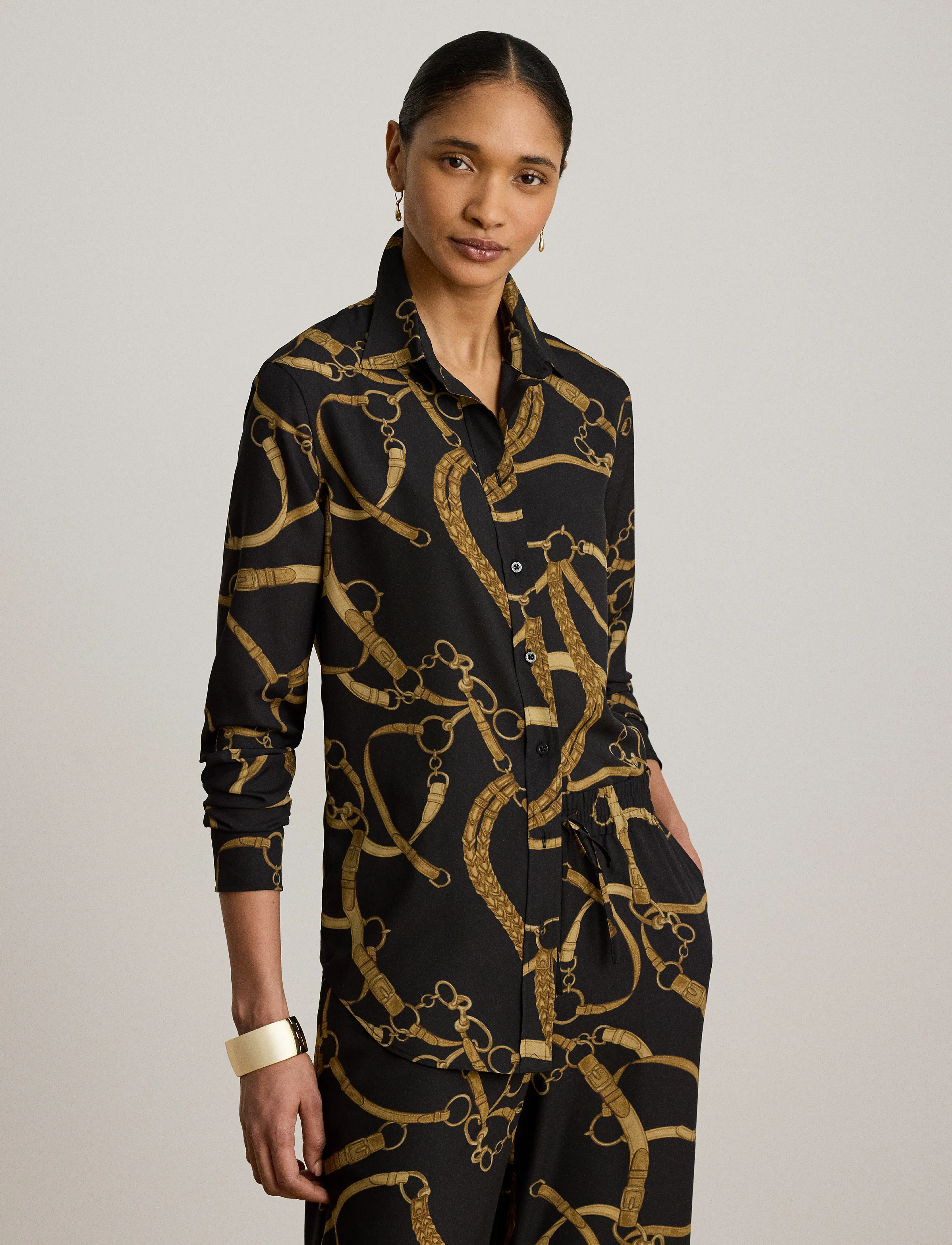 Lauren Ralph Lauren - Classic Fit Belting-Print Crepe Shirt - langærmede skjorter - black/tan - 0