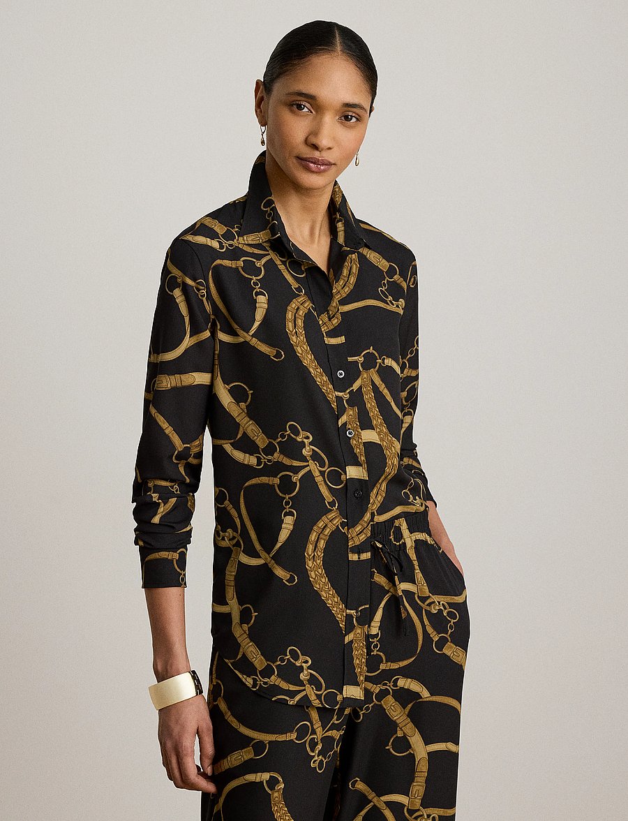 Lauren Ralph Lauren - Classic Fit Belting-Print Crepe Shirt - langärmlige hemden - black/tan - 0