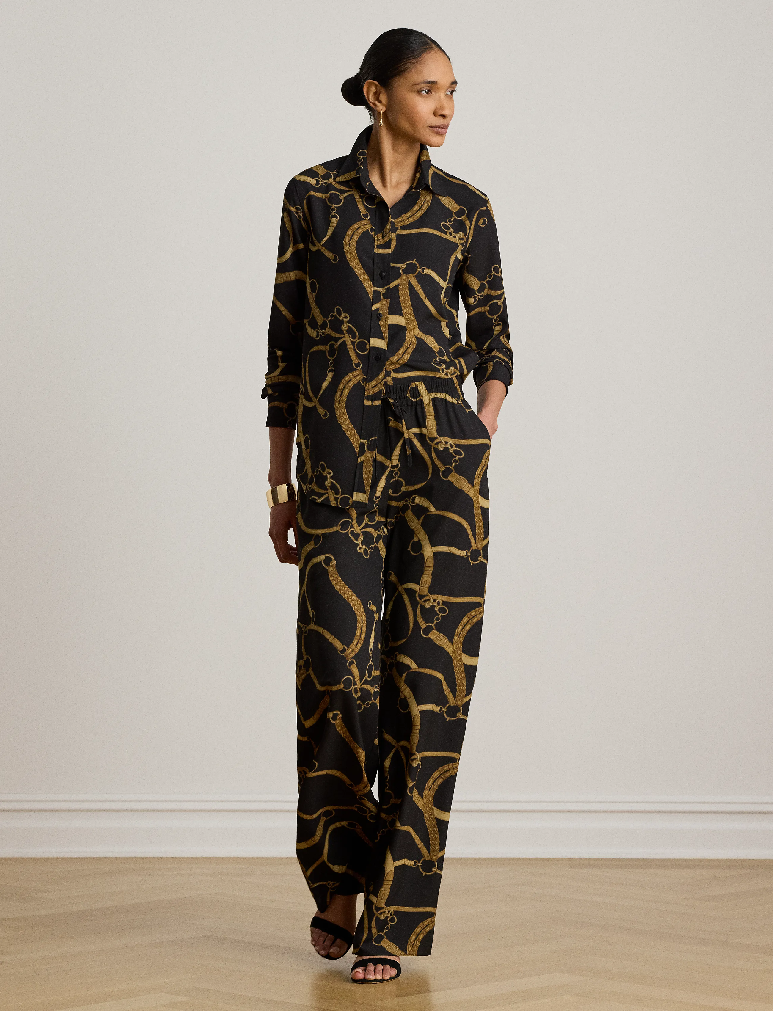 Lauren Ralph Lauren - Classic Fit Belting-Print Crepe Shirt - langærmede skjorter - black/tan - 5