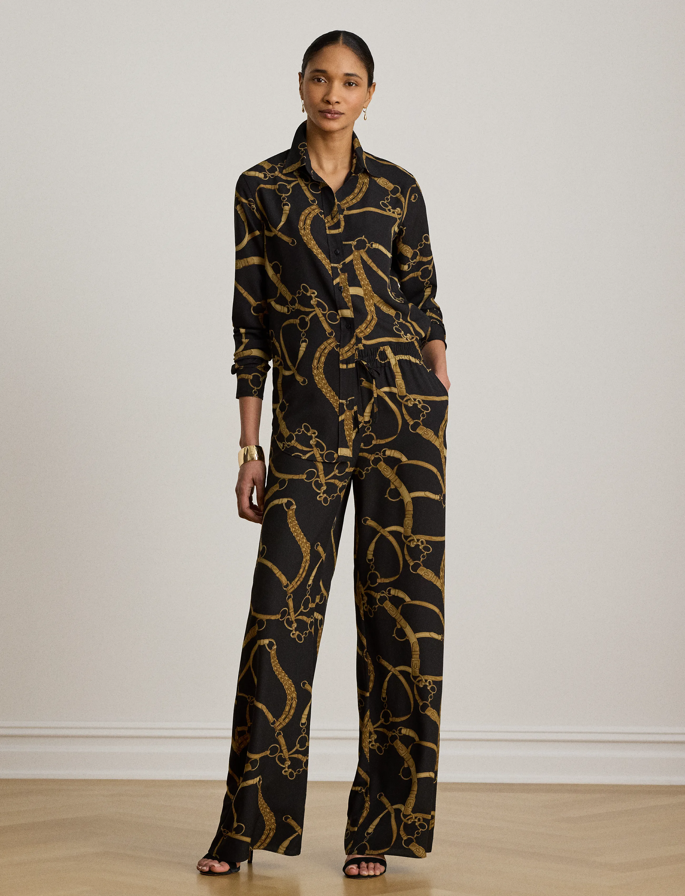 Lauren Ralph Lauren Belting-Print Crepe Wide-Leg Pant, Kvinder, Vide Ben Bukser, Sort, Str: L