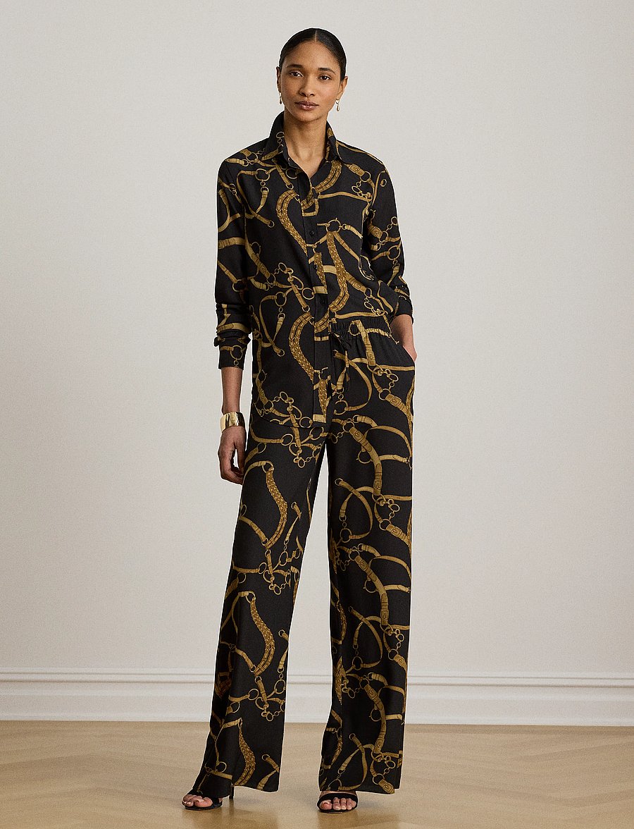 Lauren Ralph Lauren - Belting-Print Crepe Wide-Leg Pant - leveälahkeiset housut - black/tan - 0