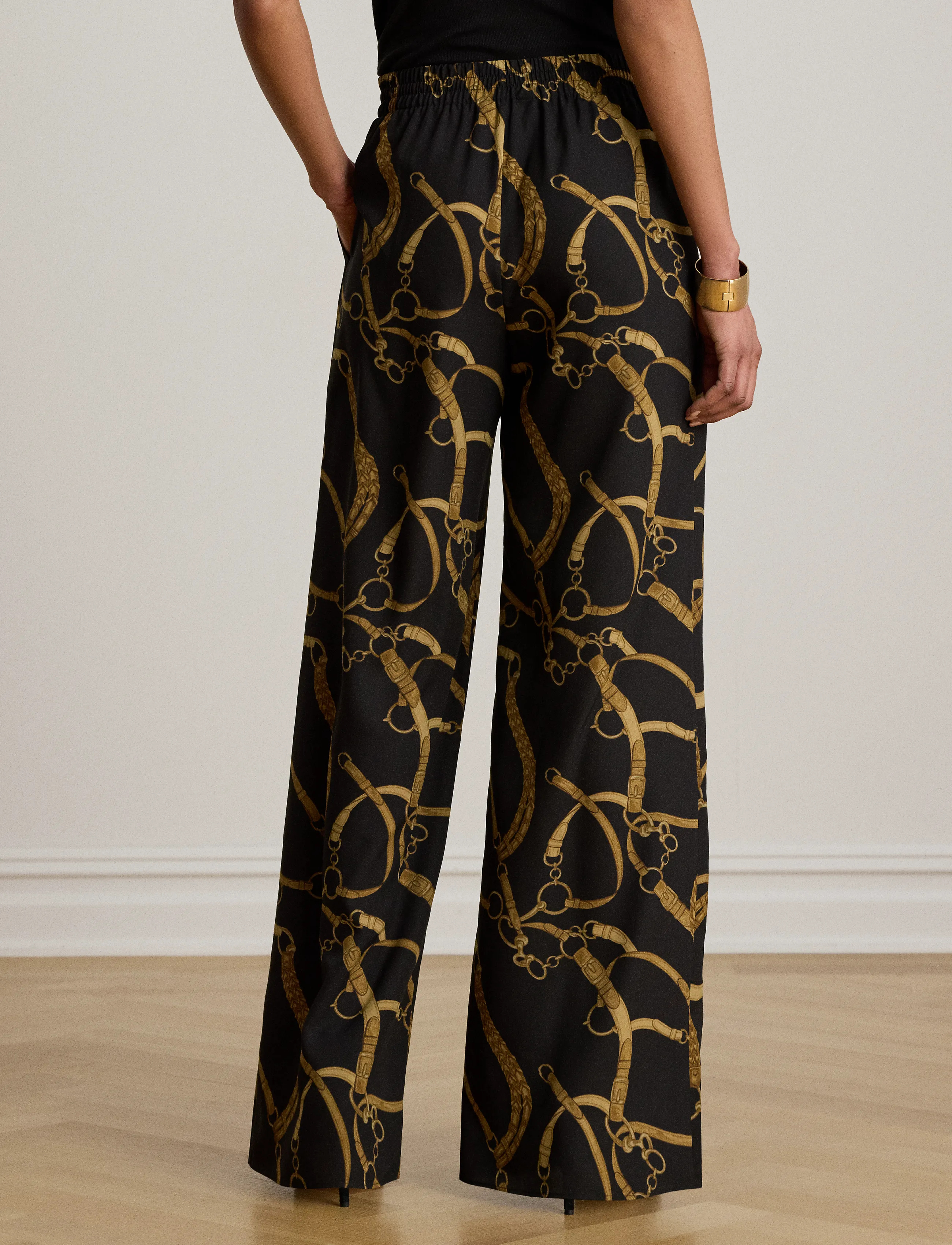 Lauren Ralph Lauren - Belting-Print Crepe Wide-Leg Pant - laia säärega püksid - black/tan - 2