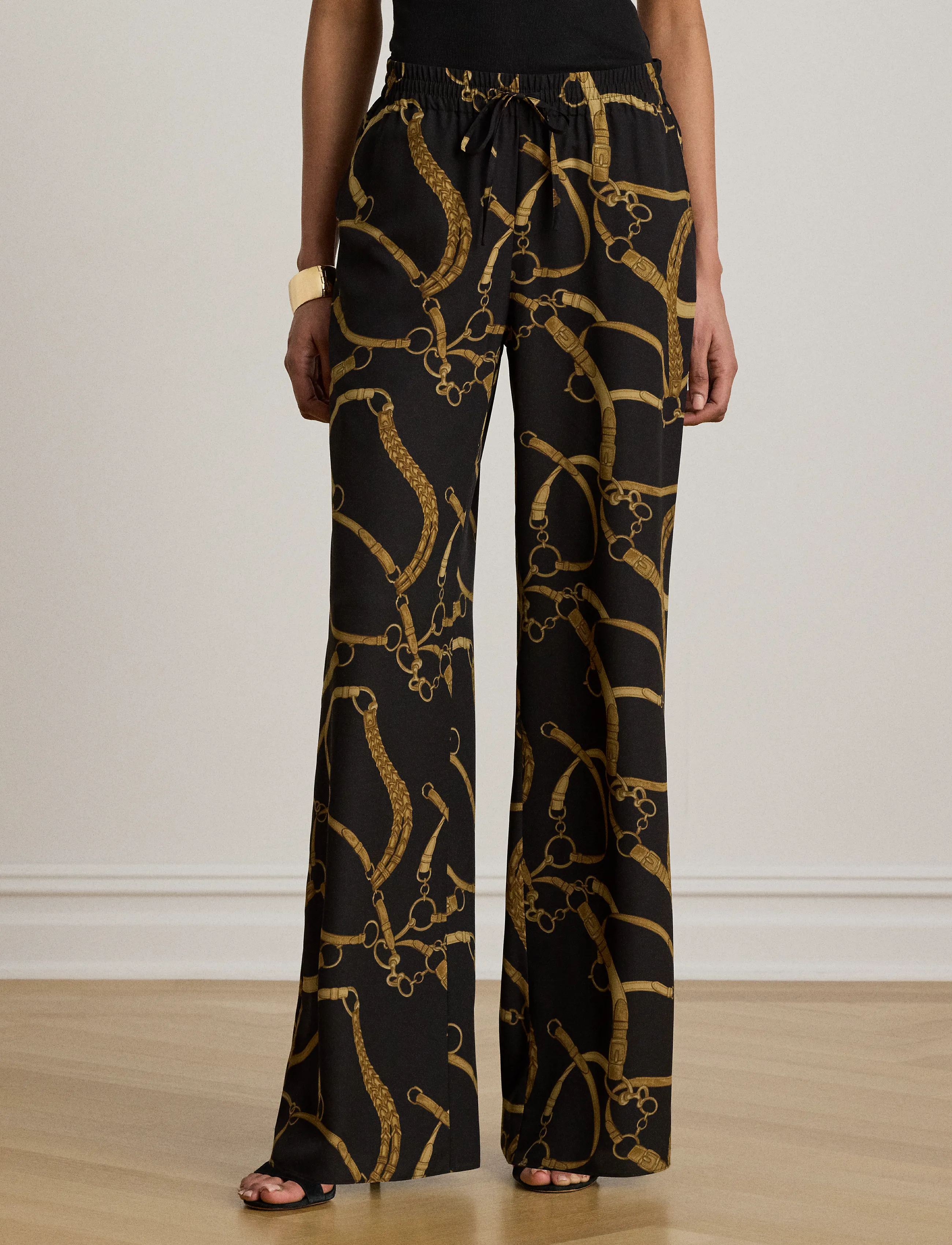 Lauren Ralph Lauren - Belting-Print Crepe Wide-Leg Pant - laia säärega püksid - black/tan - 3