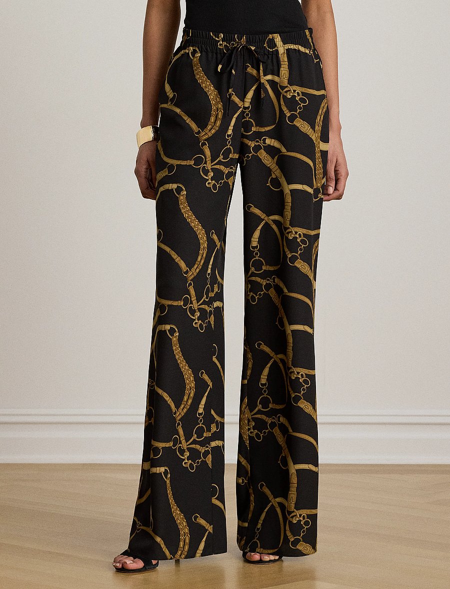 Lauren Ralph Lauren - Belting-Print Crepe Wide-Leg Pant - leveälahkeiset housut - black/tan - 4
