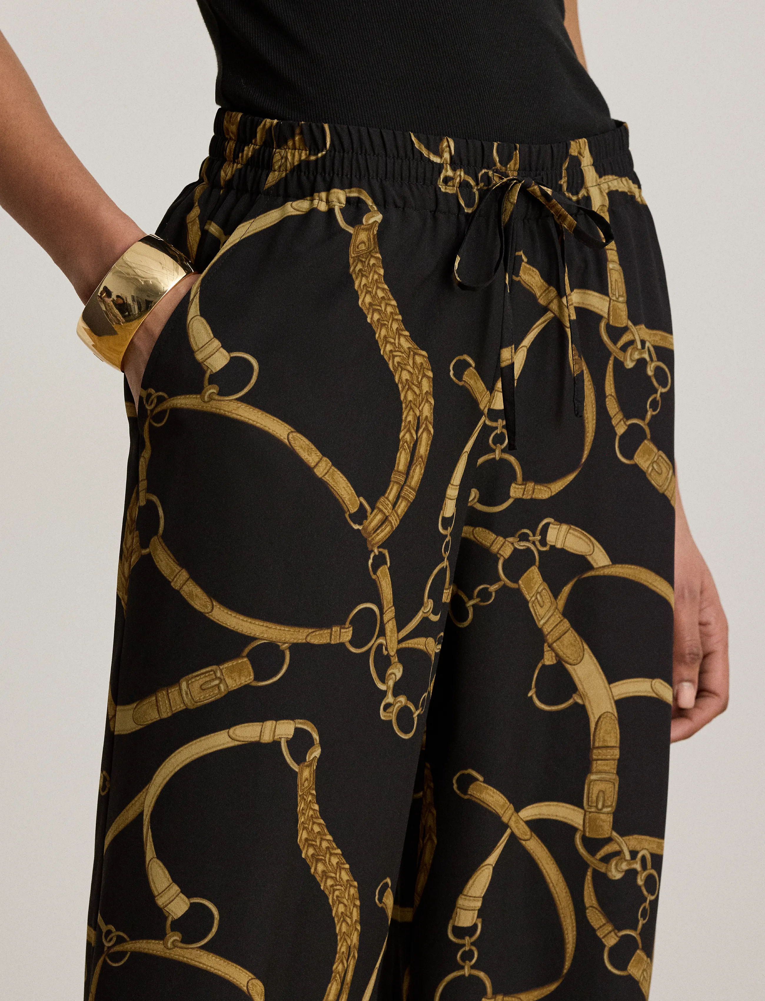 Lauren Ralph Lauren - Belting-Print Crepe Wide-Leg Pant - laia säärega püksid - black/tan - 4