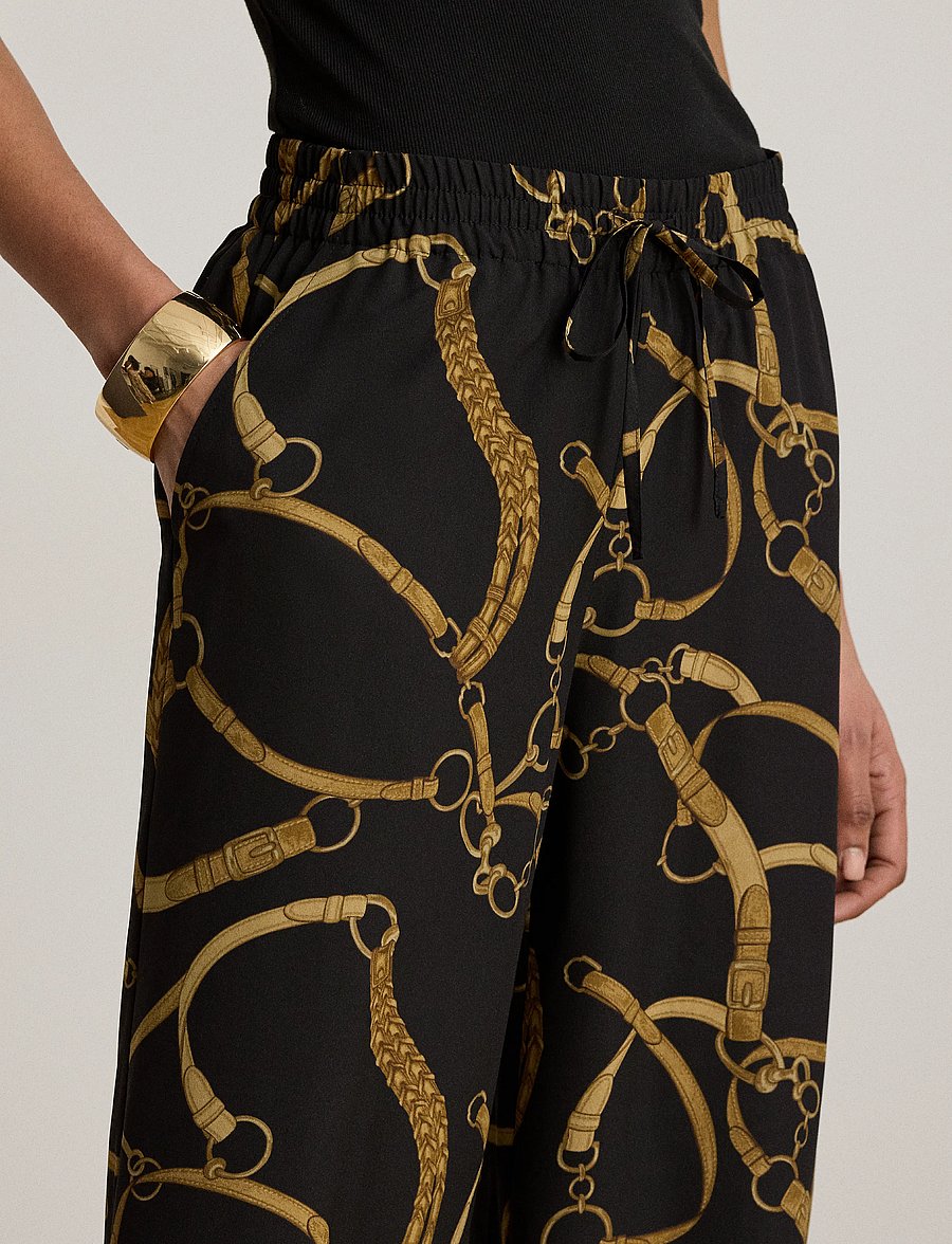 Lauren Ralph Lauren - Belting-Print Crepe Wide-Leg Pant - leveälahkeiset housut - black/tan - 5