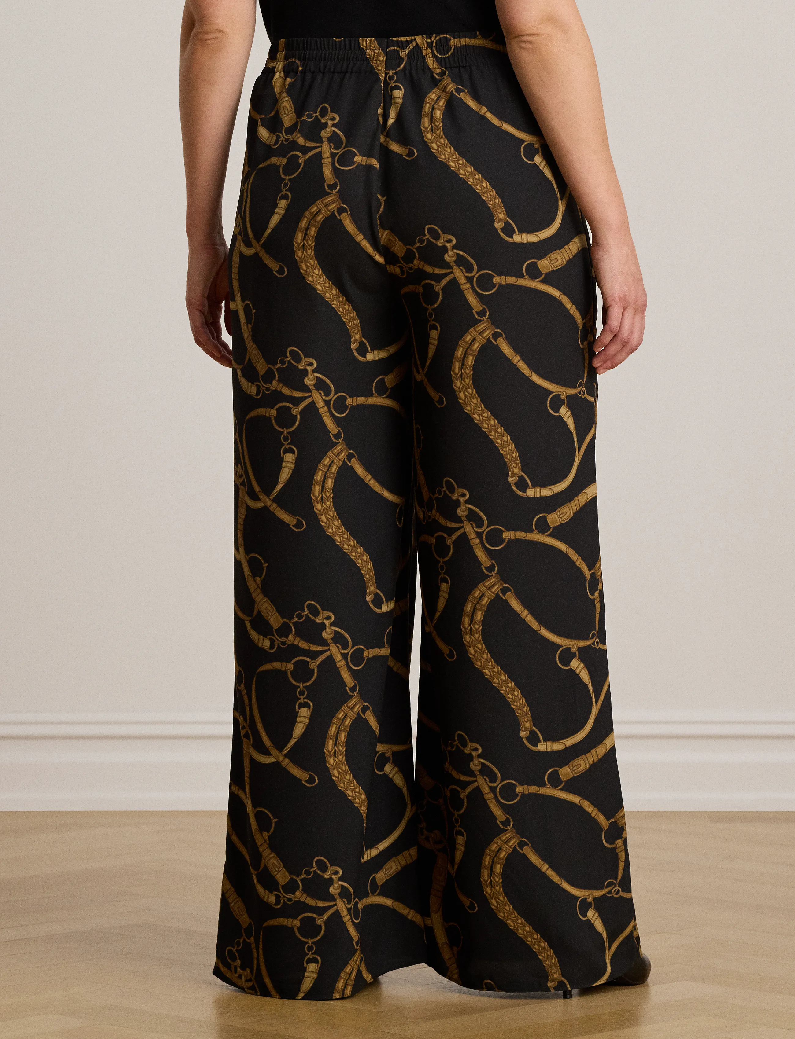 Lauren Ralph Lauren - Belting-Print Crepe Wide-Leg Pant - laia säärega püksid - black/tan - 5