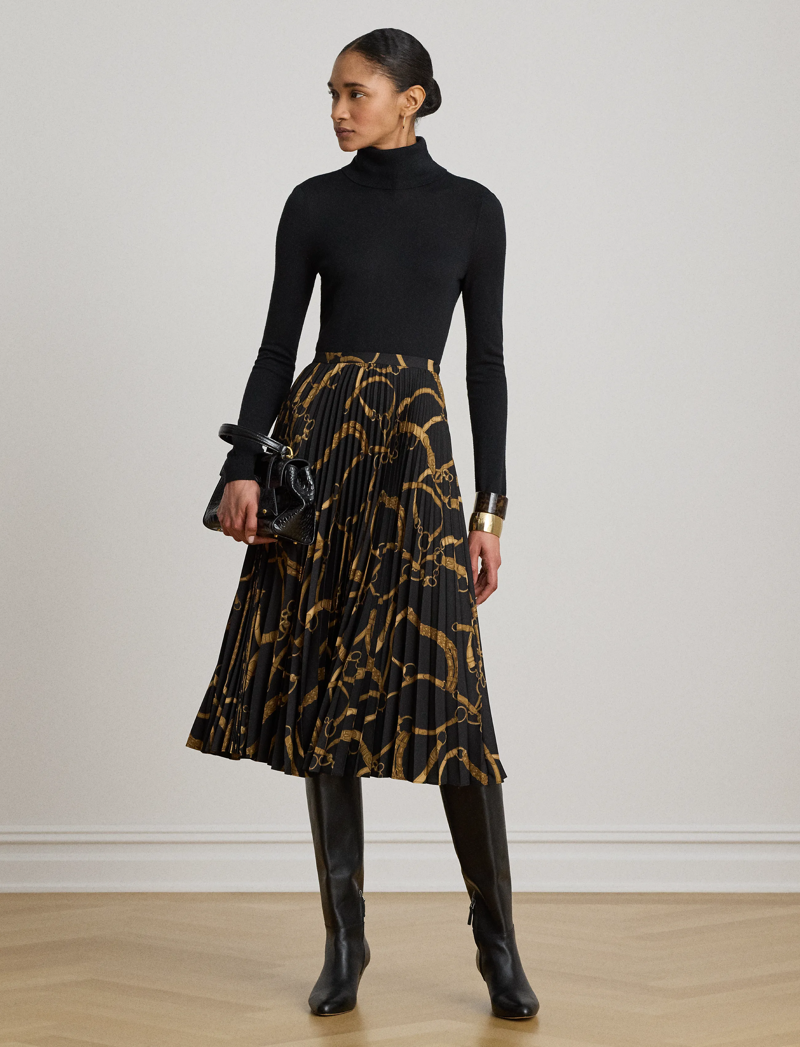 Lauren Ralph Lauren - Belting-Print Pleated Crepe Skirt - pleated skirts - black/tan - 0