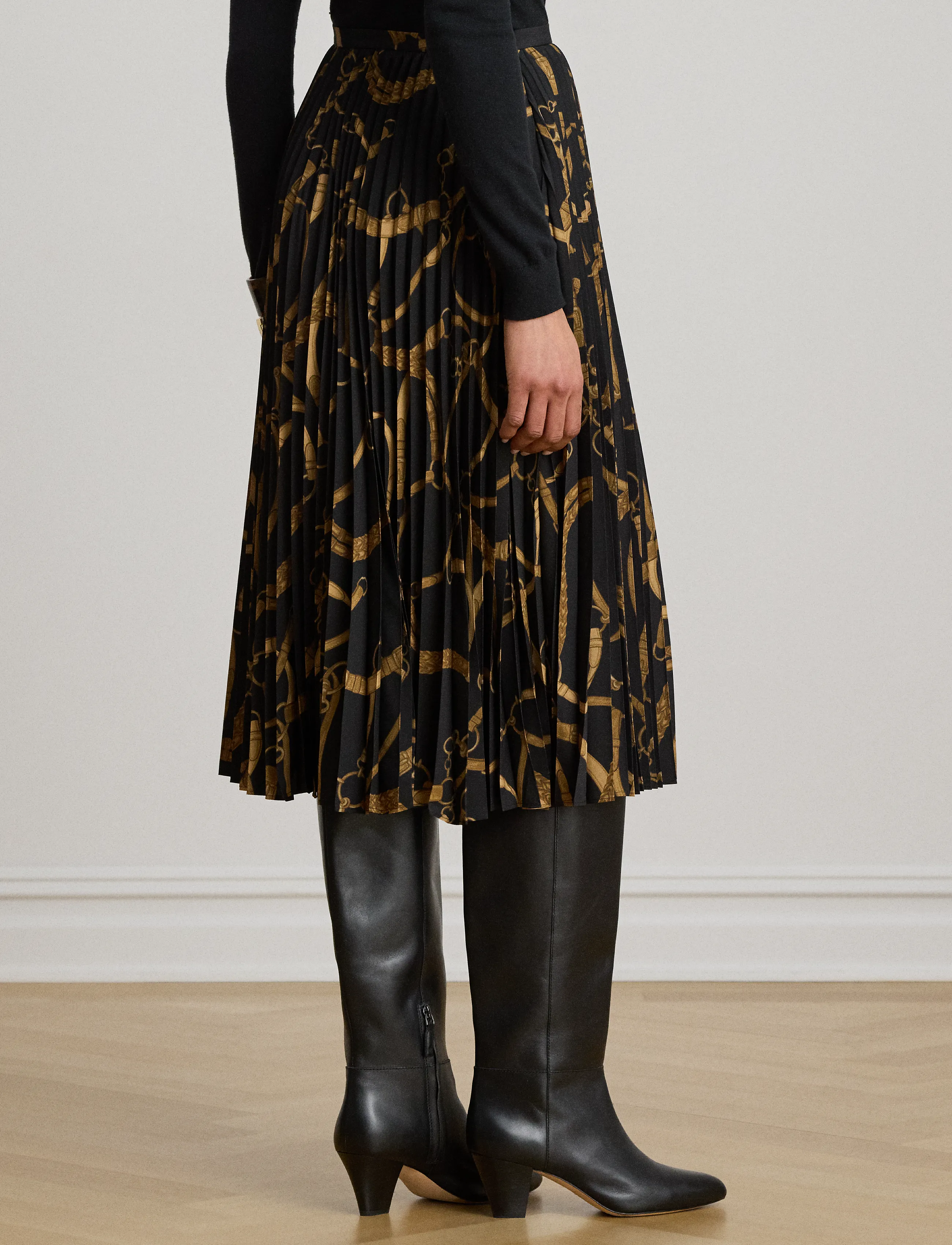 Lauren Ralph Lauren - Belting-Print Pleated Crepe Skirt - pleated skirts - black/tan - 3