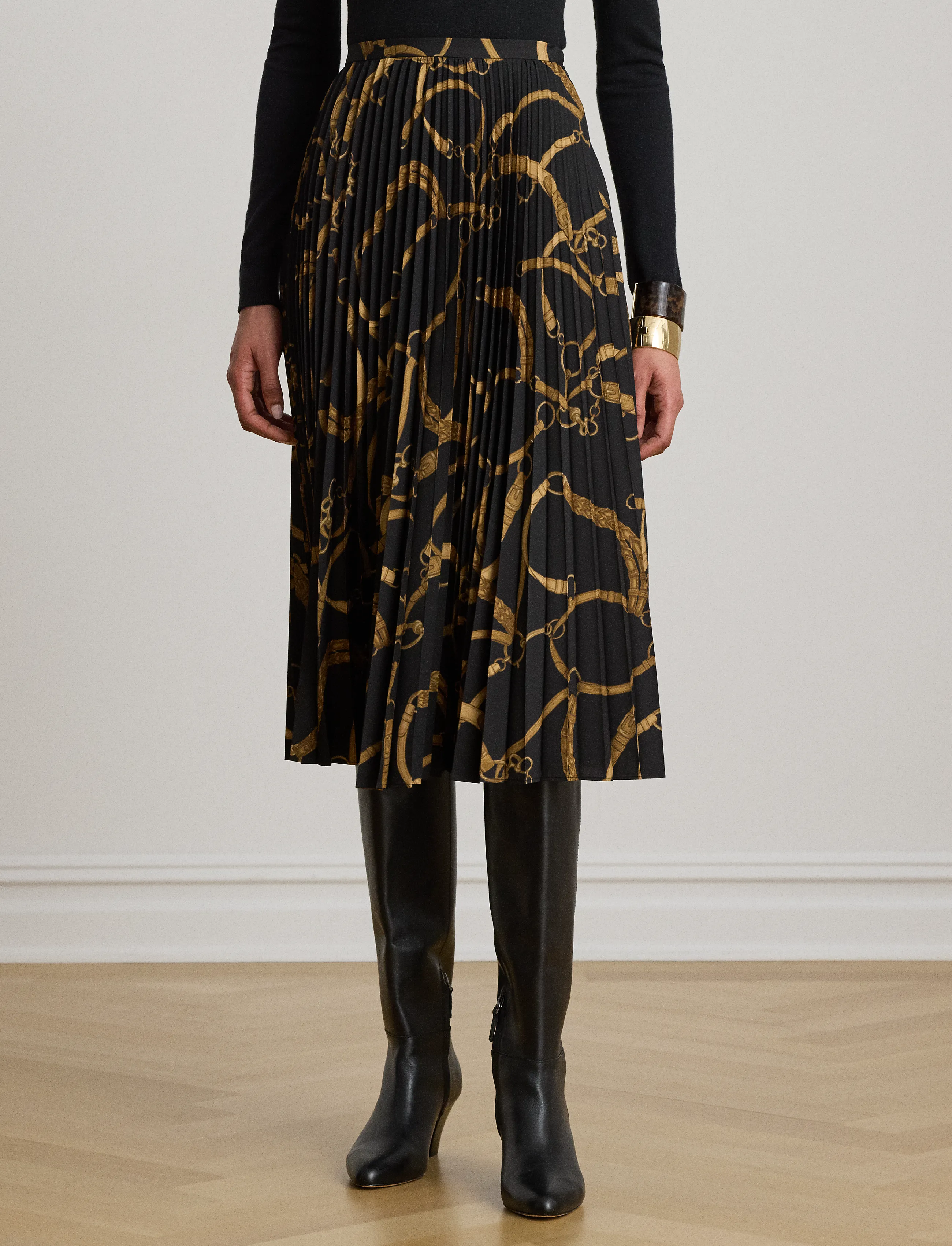Lauren Ralph Lauren - Belting-Print Pleated Crepe Skirt - plisserede nederdele - black/tan - 4