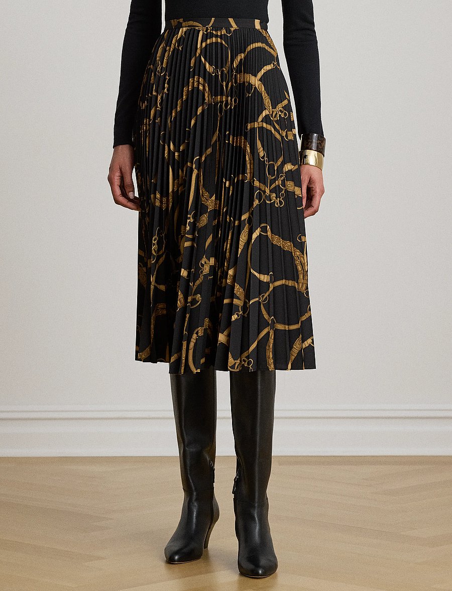 Lauren Ralph Lauren - Belting-Print Pleated Crepe Skirt - pleated skirts - black/tan - 5