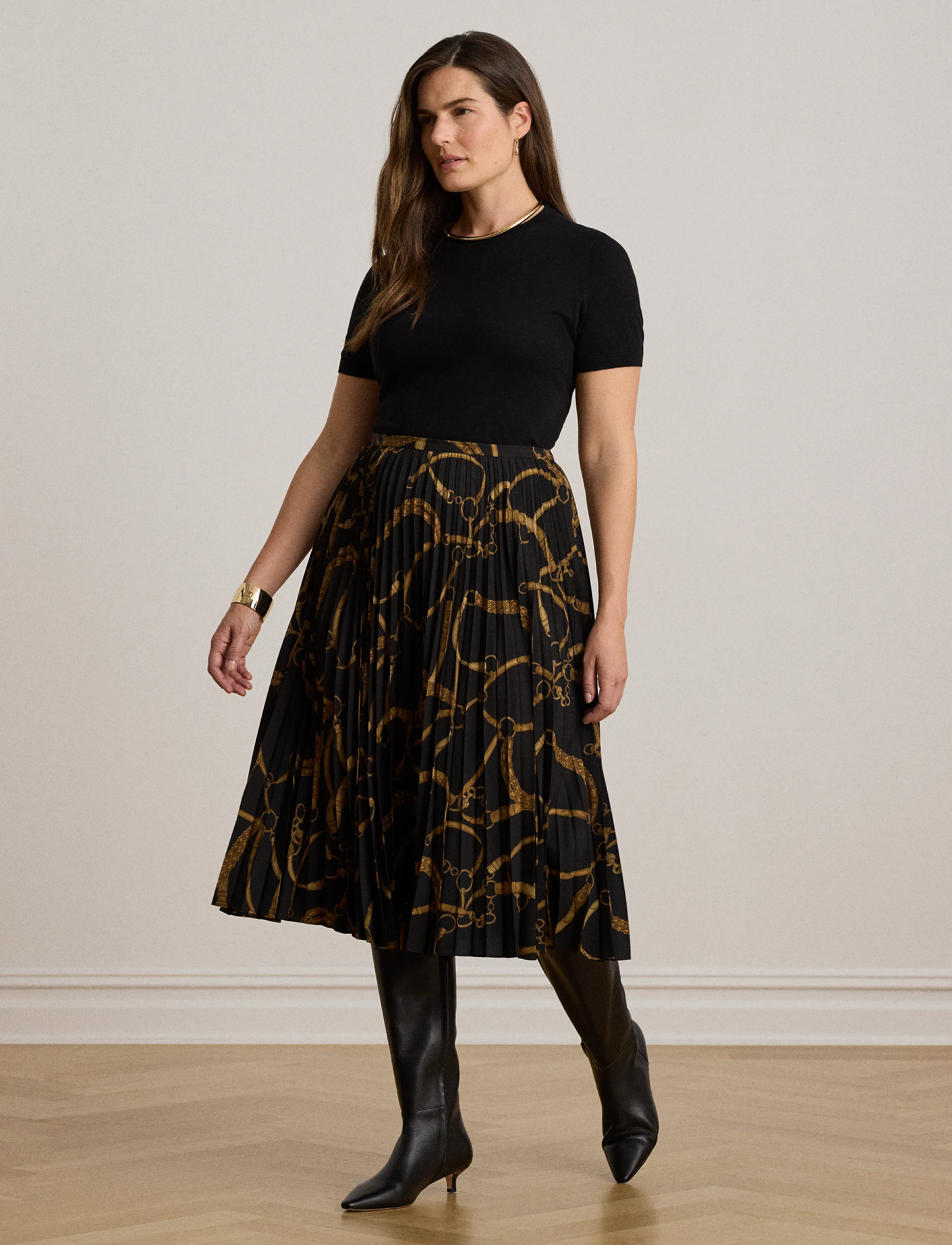 Lauren Ralph Lauren - Belting-Print Pleated Crepe Skirt - plisserede nederdele - black/tan - 5