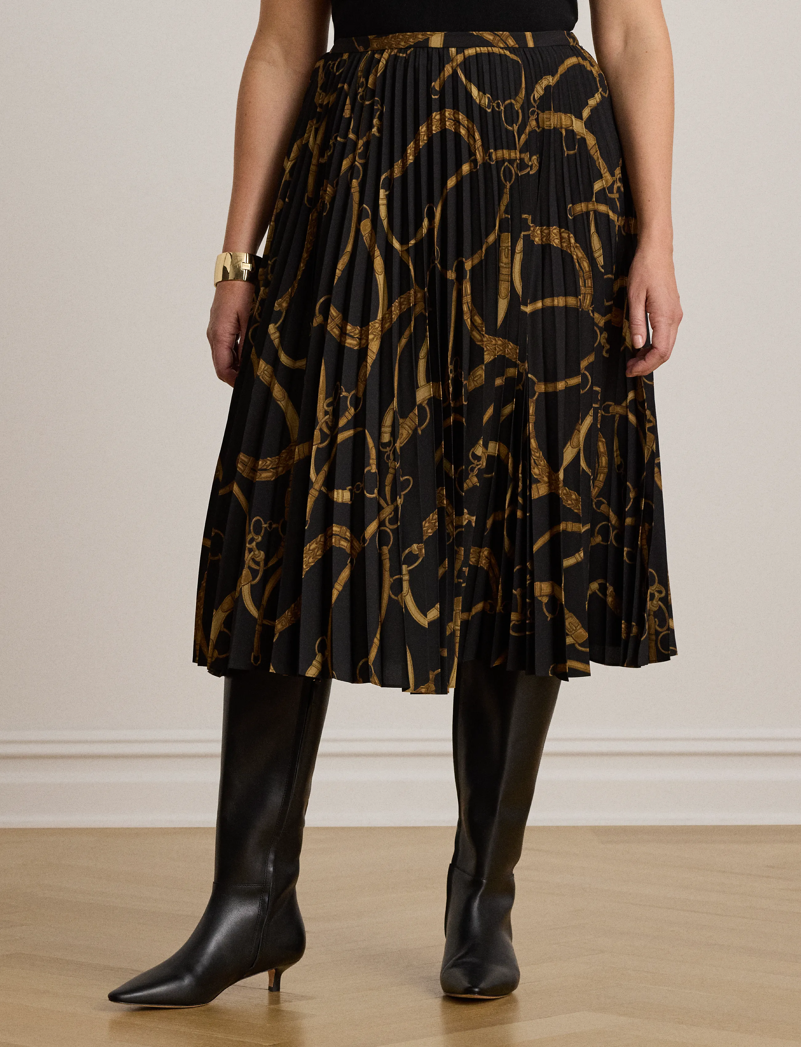 Lauren Ralph Lauren Belting-Print Pleated Crepe Skirt - Lauren Ralph Lauren - BLACK/TAN / black