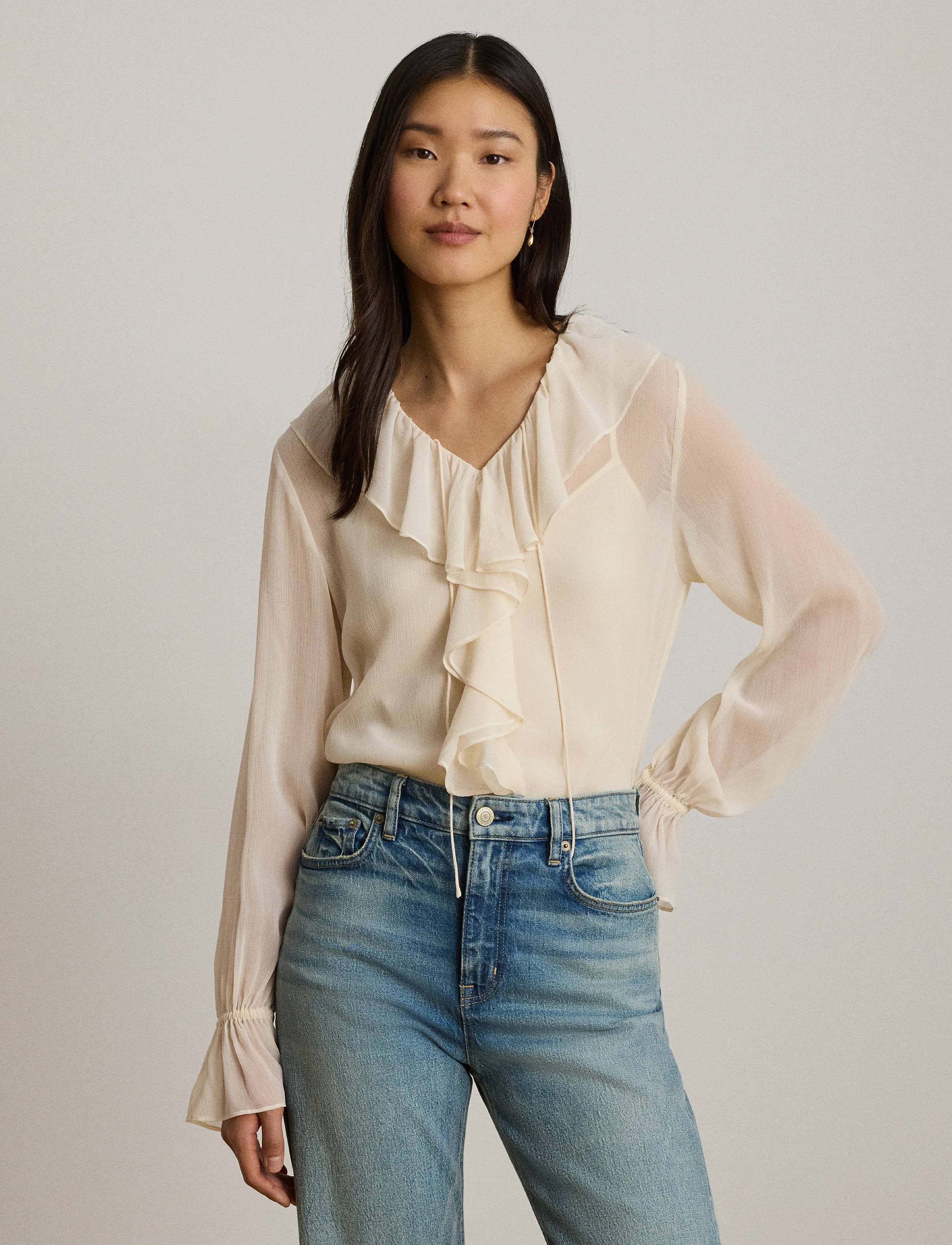 Lauren Ralph Lauren Ruffle-Trim Crinkle Georgette Blouse, S, Cream, Bluser > Langærmede, Dame