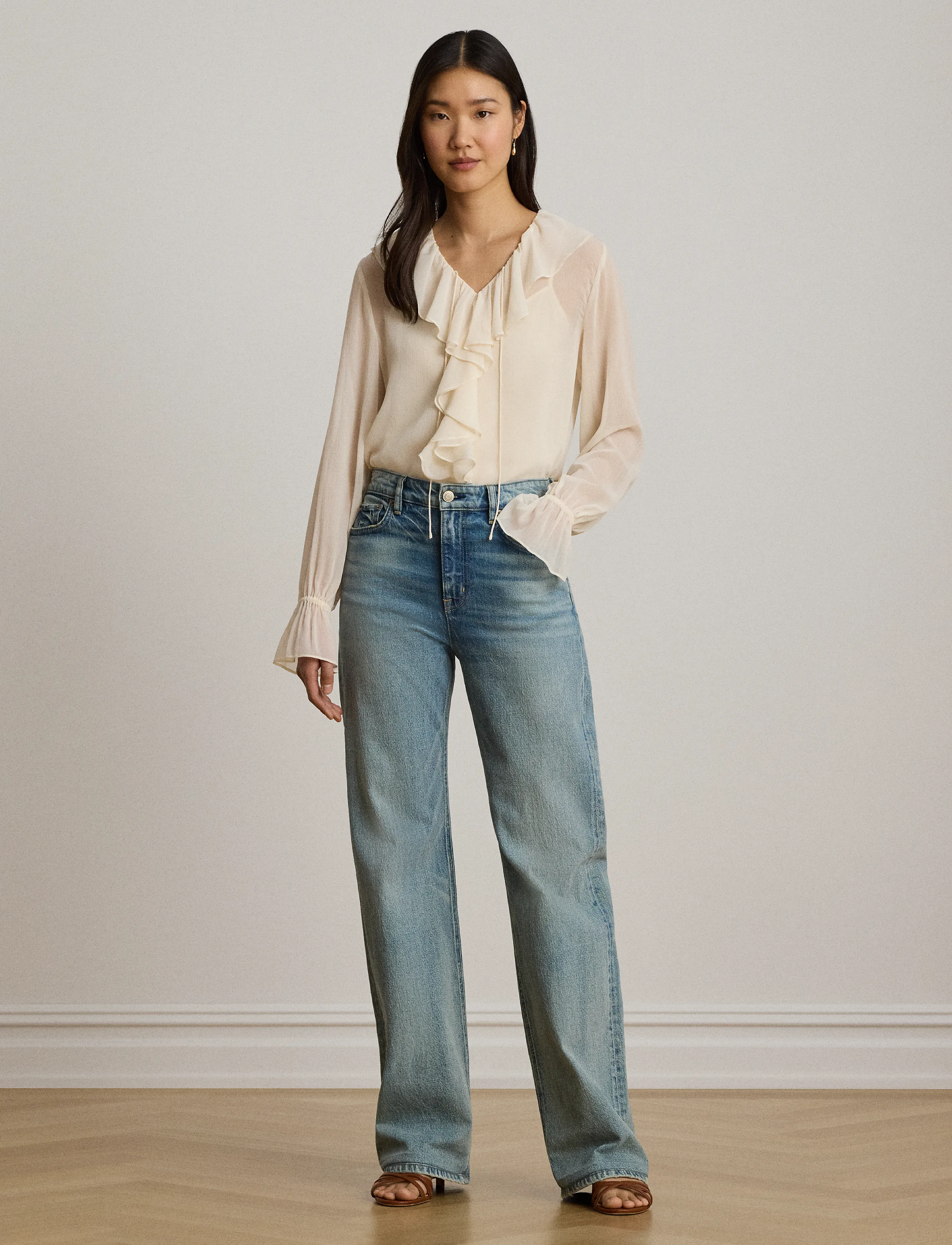 Lauren Ralph Lauren - Ruffle-Trim Crinkle Georgette Blouse - langærmede bluser - mascarpone cream - 3