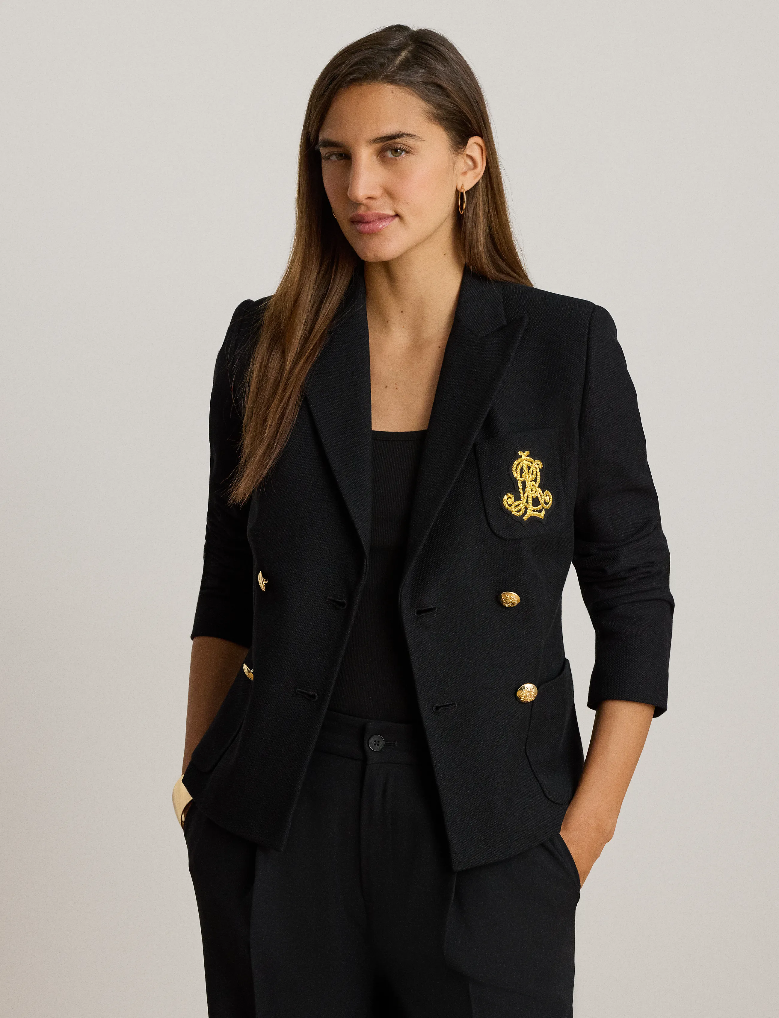 Lauren Ralph Double-Breasted Stretch Piqué Blazer, 46, Schwarz - Double Breasted Frauen