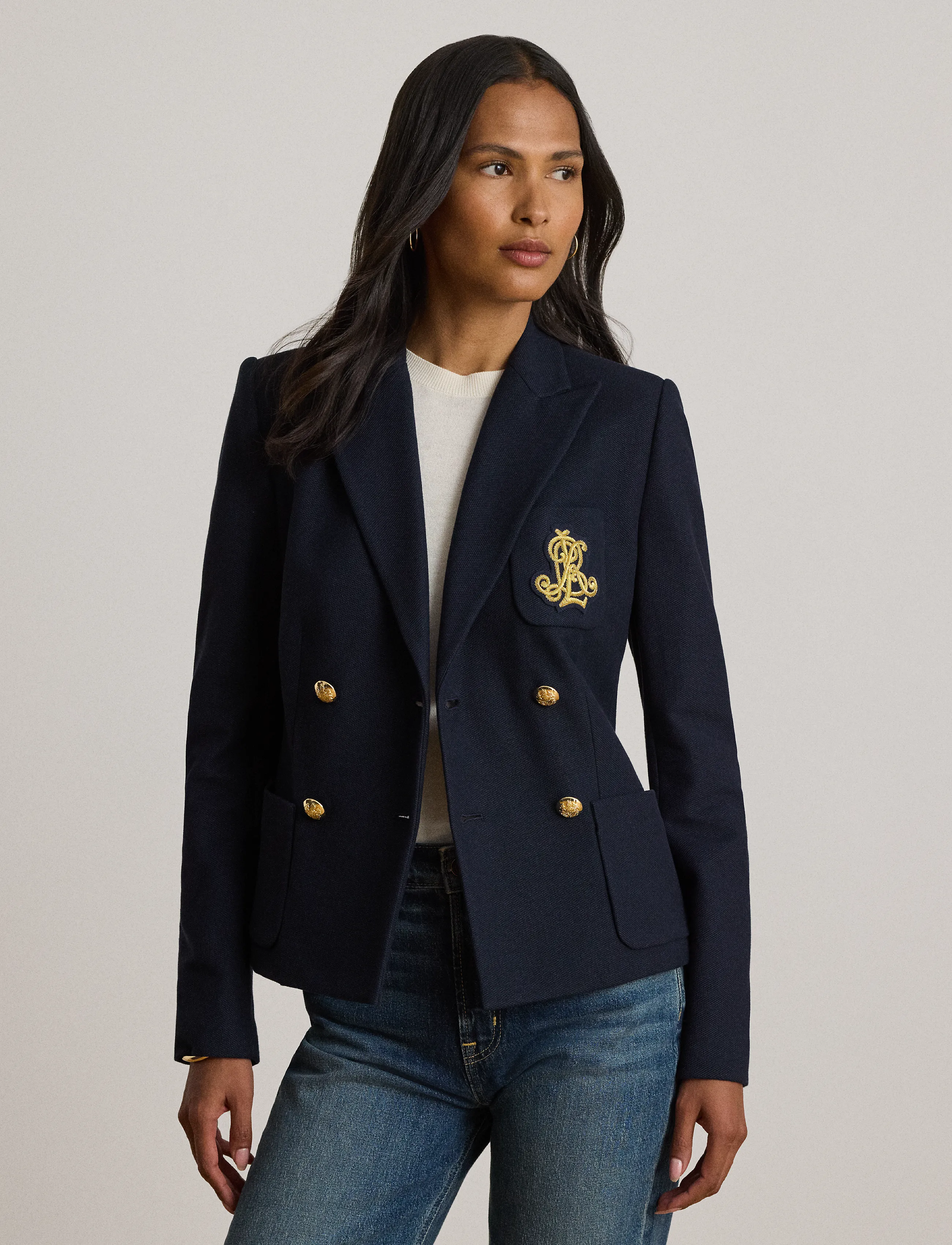 Lauren Ralph Double-Breasted Stretch Piqué Blazer, 36, Marineblau - Double Breasted Frauen