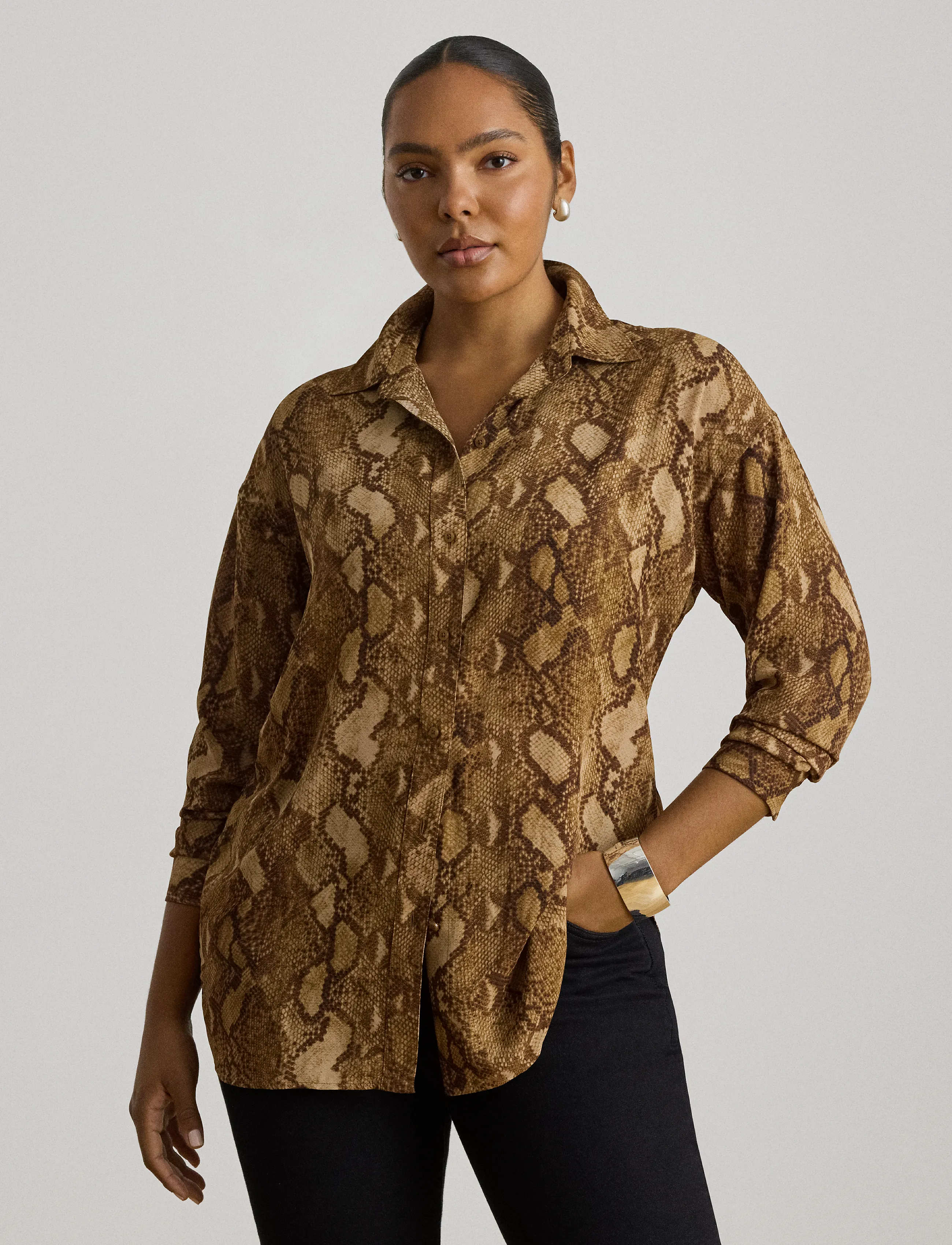 Lauren Ralph Lauren - Relaxed Fit Python-Print Georgette Shirt - langerma skyrtur - tan multi - 5