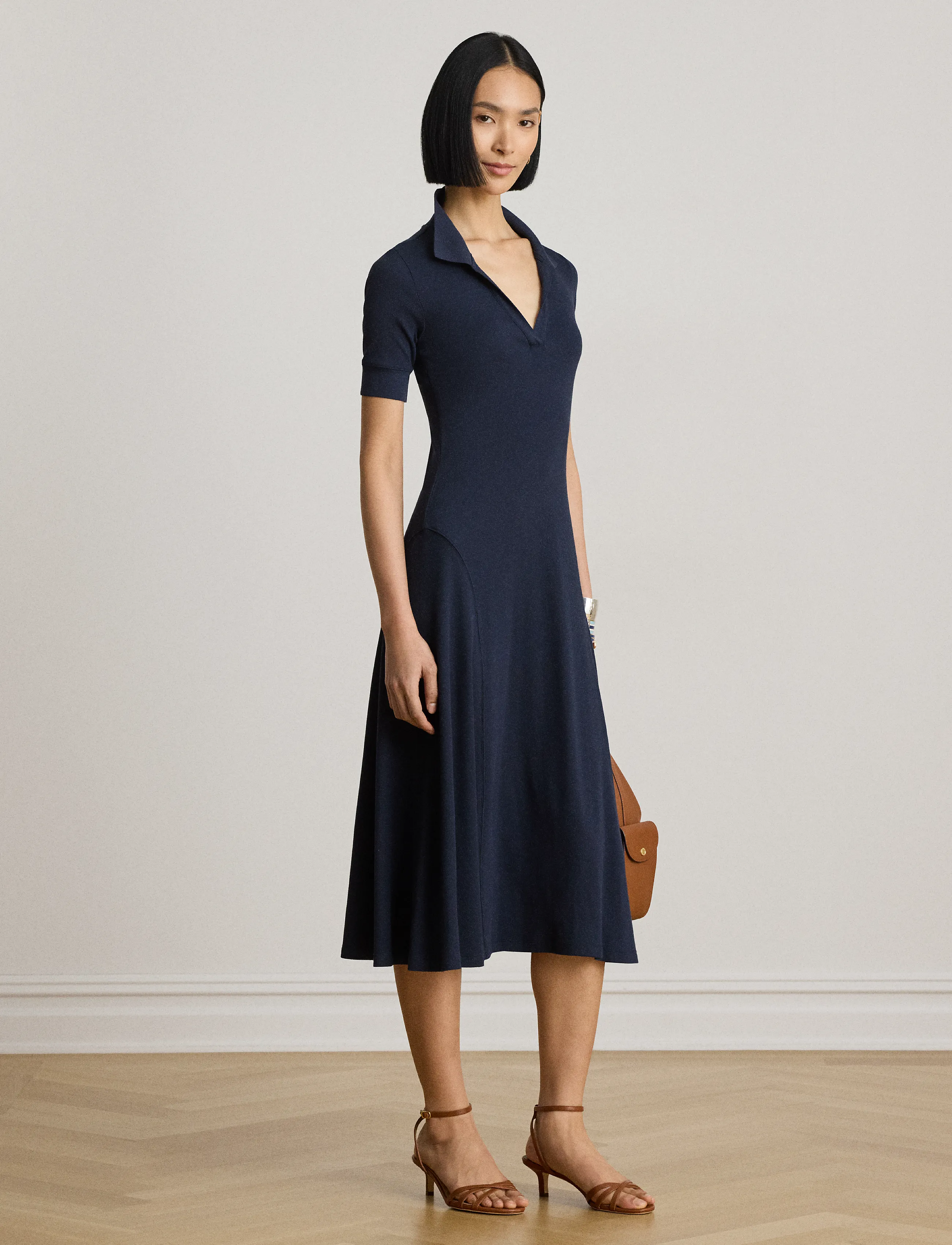 Lauren Ralph Lauren Rib-Knit Elbow-Sleeve Polo Dress, Kvinder, Strikket Polokjole, Navy, Str: S