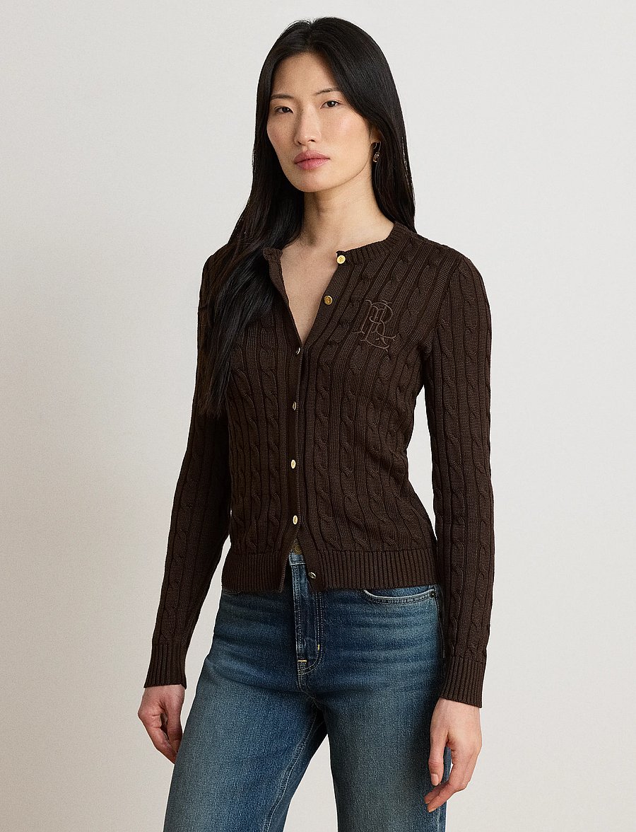 Lauren Ralph Lauren - Cable-Knit Cotton-Blend Cardigan - koftor - circuit brown - 0