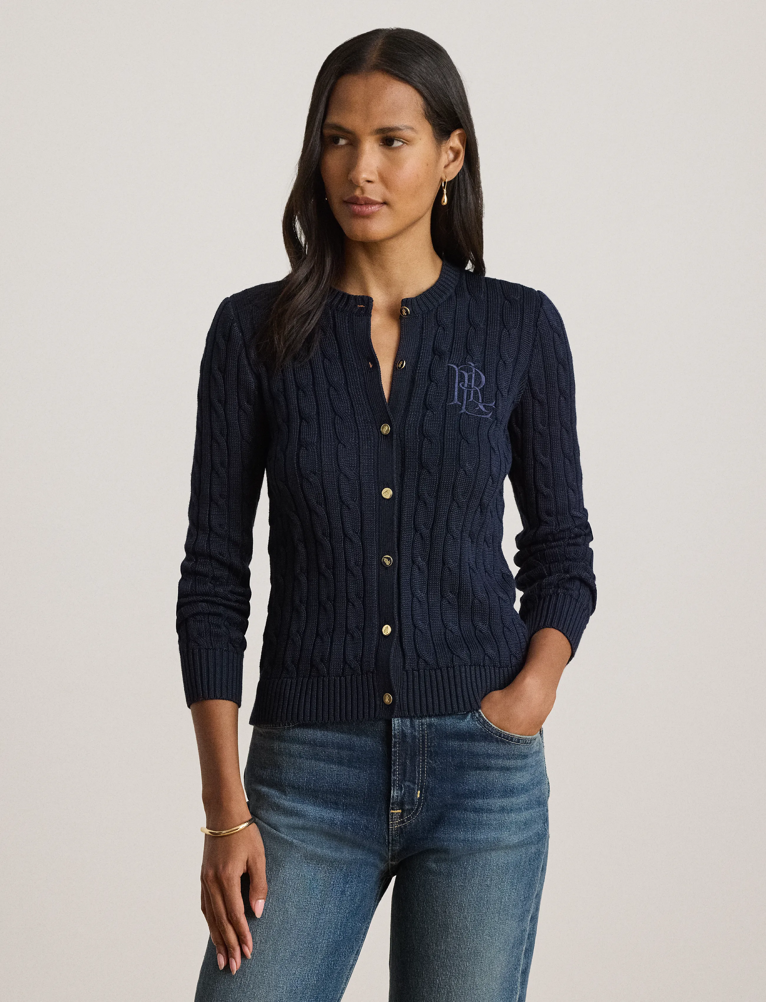 Lauren Ralph Lauren Cable-Knit Cotton-Blend Cardigan - Ralph Lauren - LAUREN NAVY / navy
