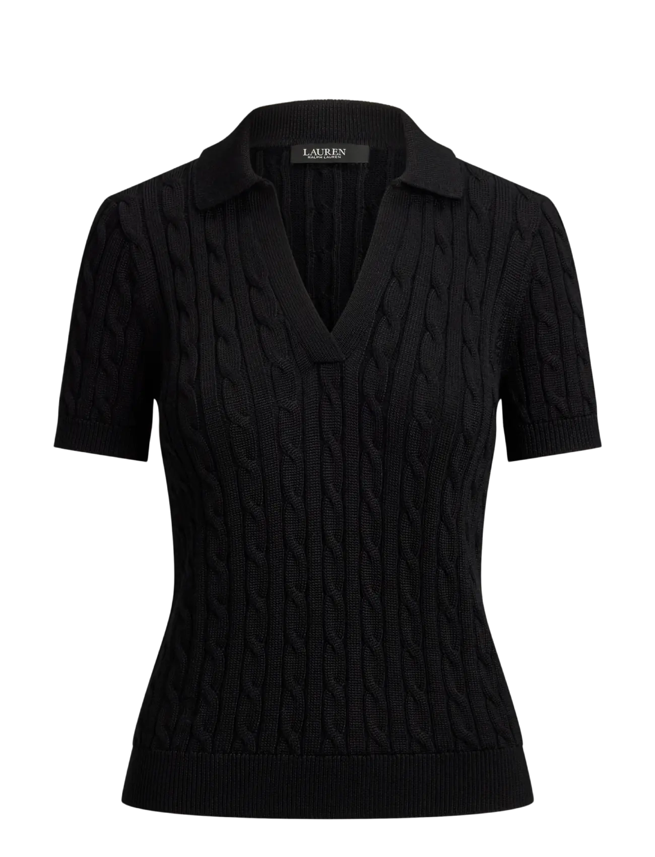 Lauren Ralph Lauren - Cable Cotton-Blend Short-Sleeve Sweater - stickade tröjor - black - 1