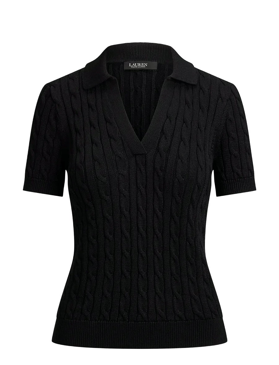 Lauren Ralph Lauren - Cable Cotton-Blend Short-Sleeve Sweater - stickade tröjor - black - 1