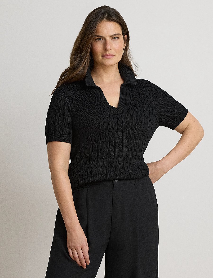 Lauren Ralph Lauren - Cable Cotton-Blend Short-Sleeve Sweater - stickade tröjor - black - 0