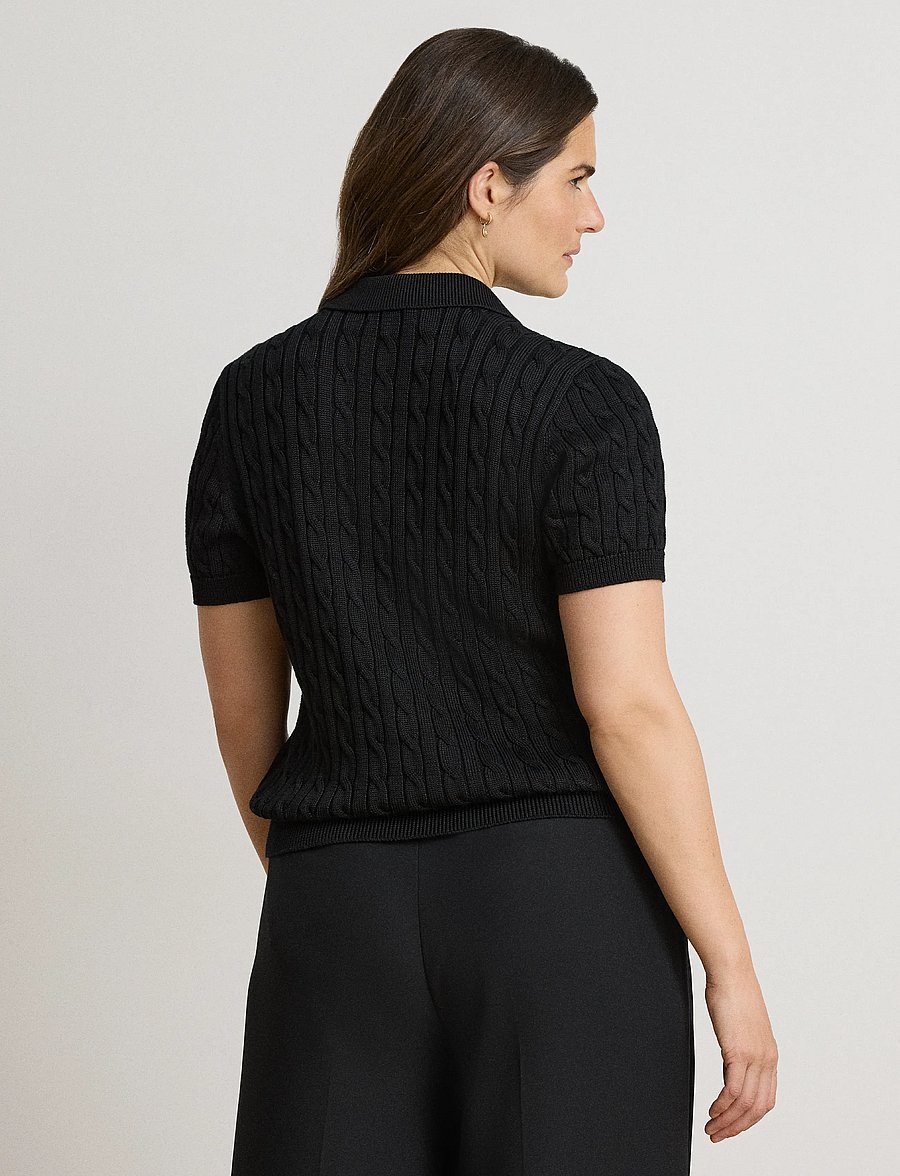 Lauren Ralph Lauren - Cable Cotton-Blend Short-Sleeve Sweater - stickade tröjor - black - 2