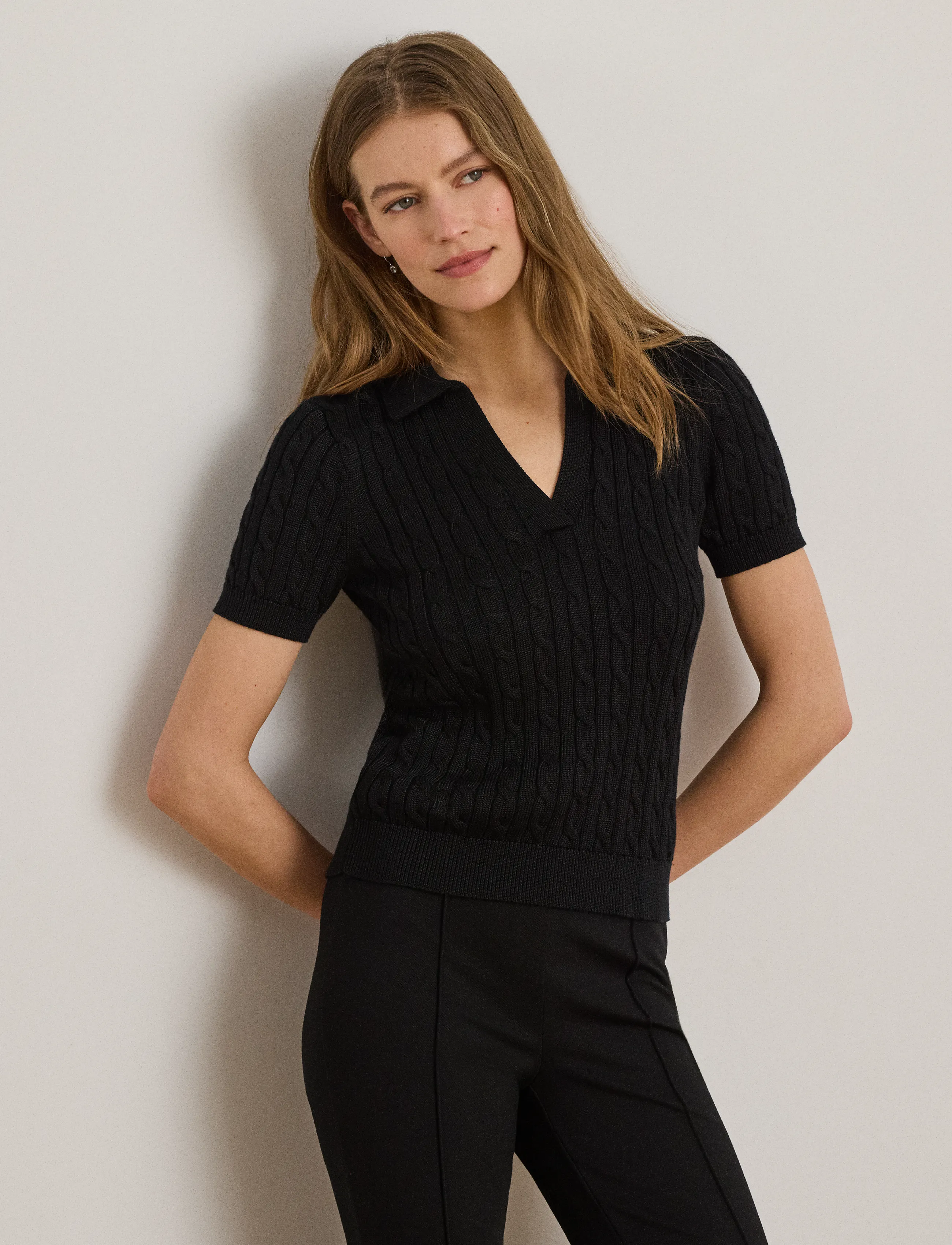Lauren Ralph Lauren - Cable Cotton-Blend Short-Sleeve Sweater - stickade tröjor - black - 4