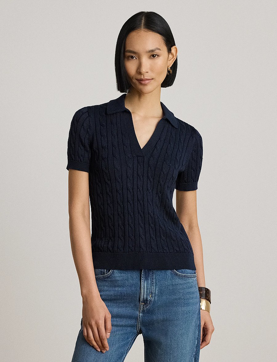 Lauren Ralph Lauren - Cable Cotton-Blend Short-Sleeve Sweater - stickade tröjor - lauren navy - 0