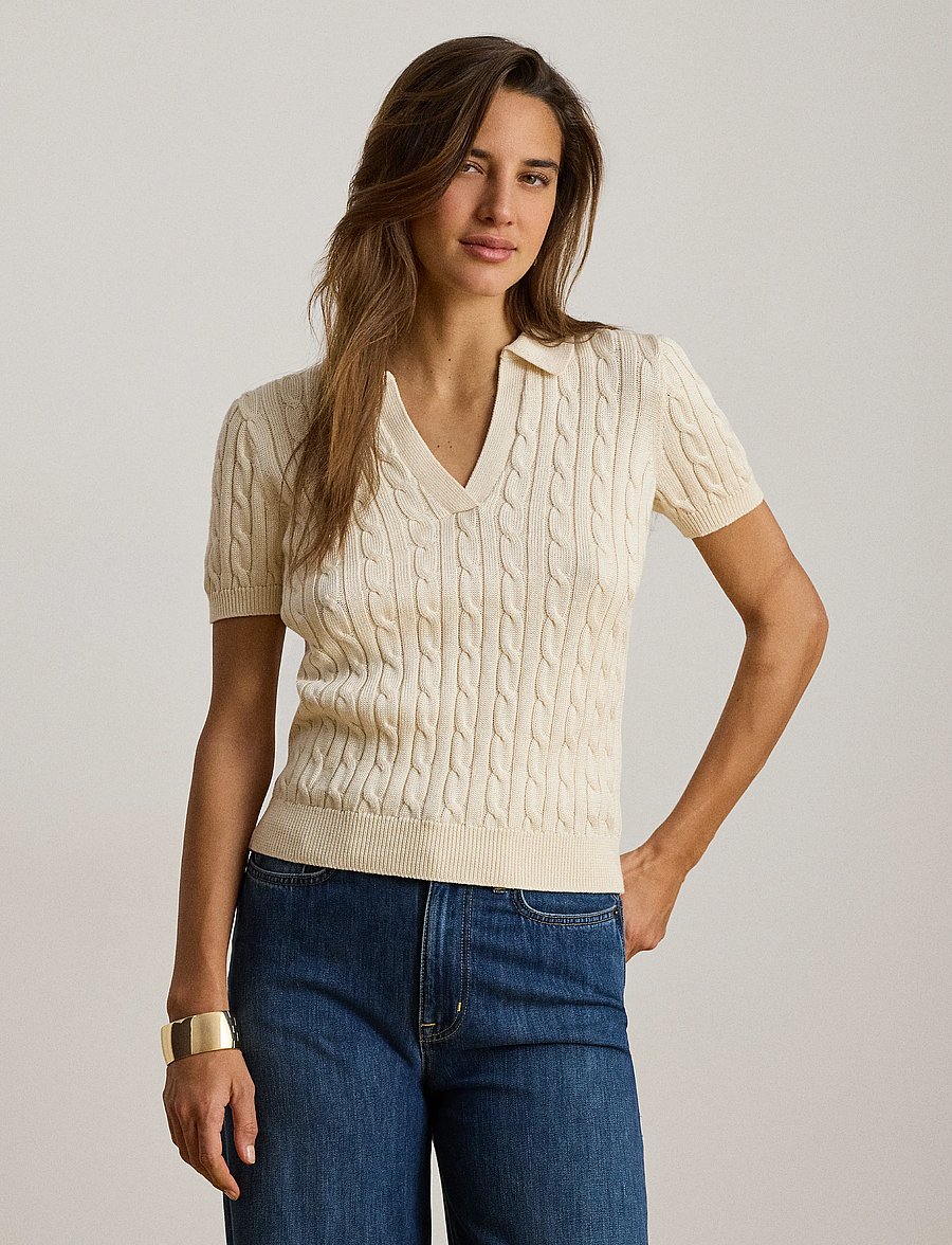 Lauren Ralph Lauren - Cable Cotton-Blend Short-Sleeve Sweater - kampsunid - mascarpone cream - 0