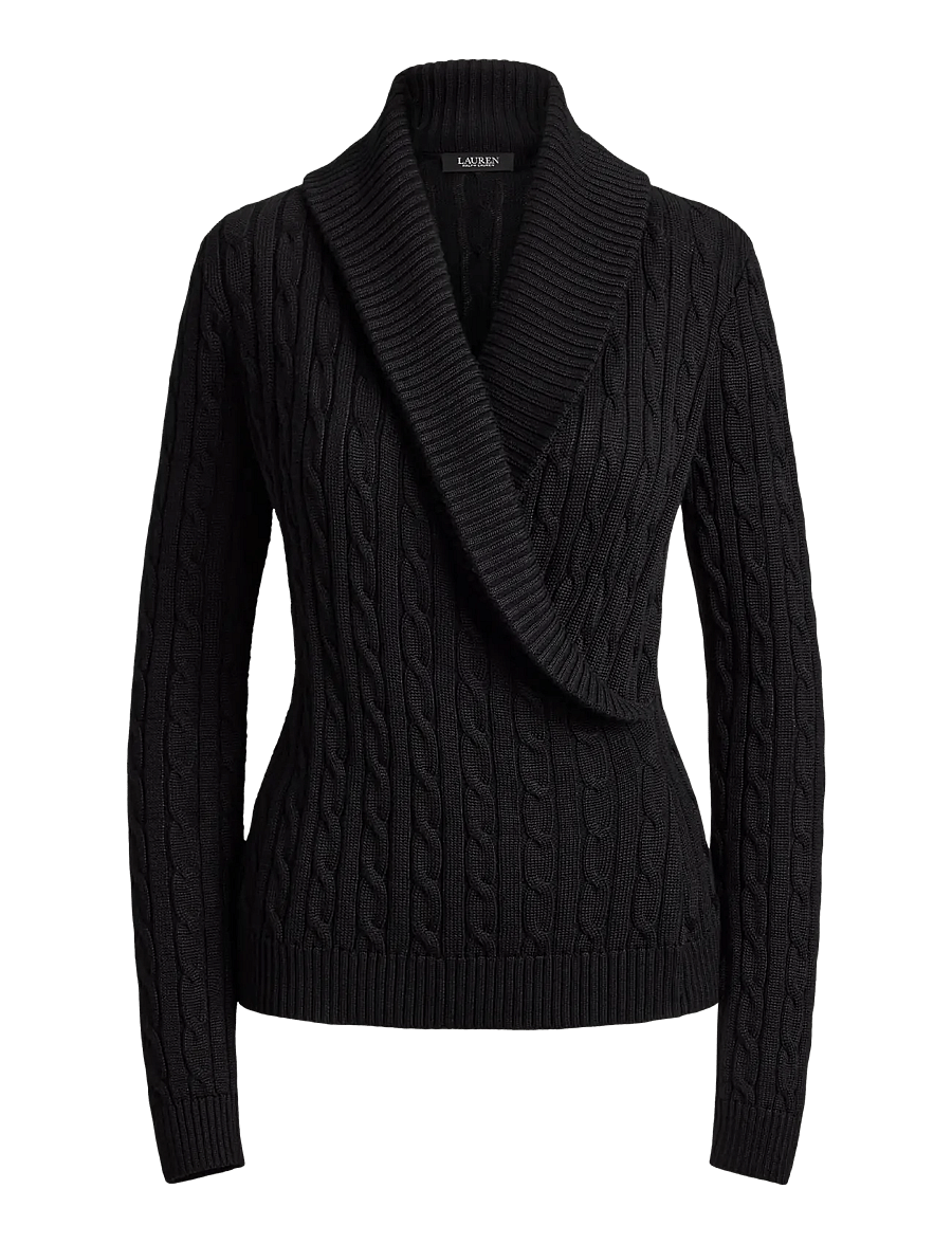 Lauren Ralph Lauren - Cable Cotton-Blend Shawl-Collar Sweater - stickade tröjor - black - 1